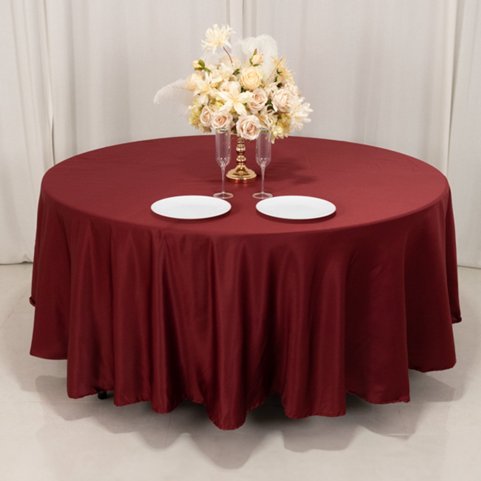 Premium Lamour Satin Round Tablecloth in Burgundy - Durable & Silk-Like, 108" Dia.