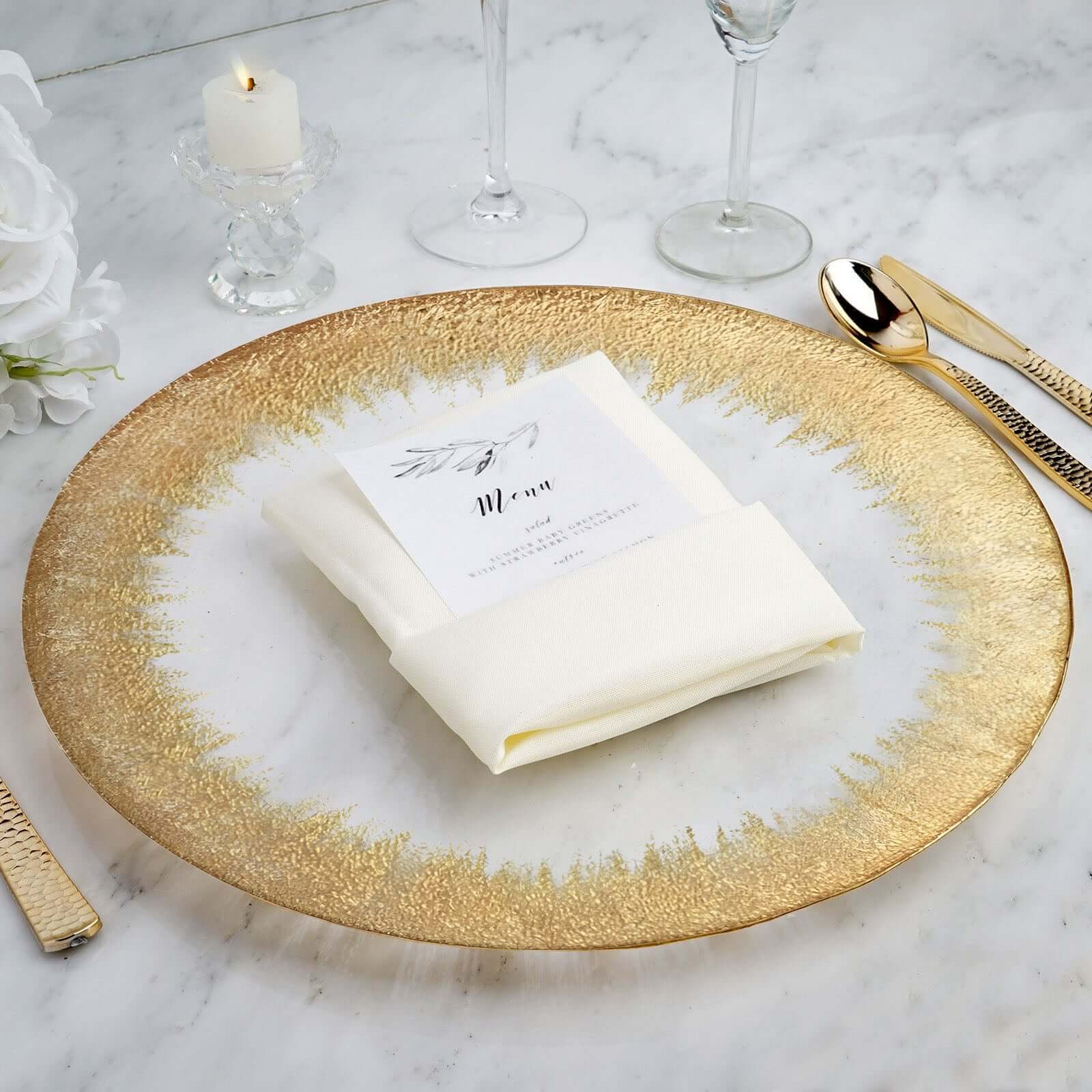 Hot Sale! 8-Piece Set of 13-Inch Clear Glass Round Dinner Charger Plates with Metallic Gold Spray Rim