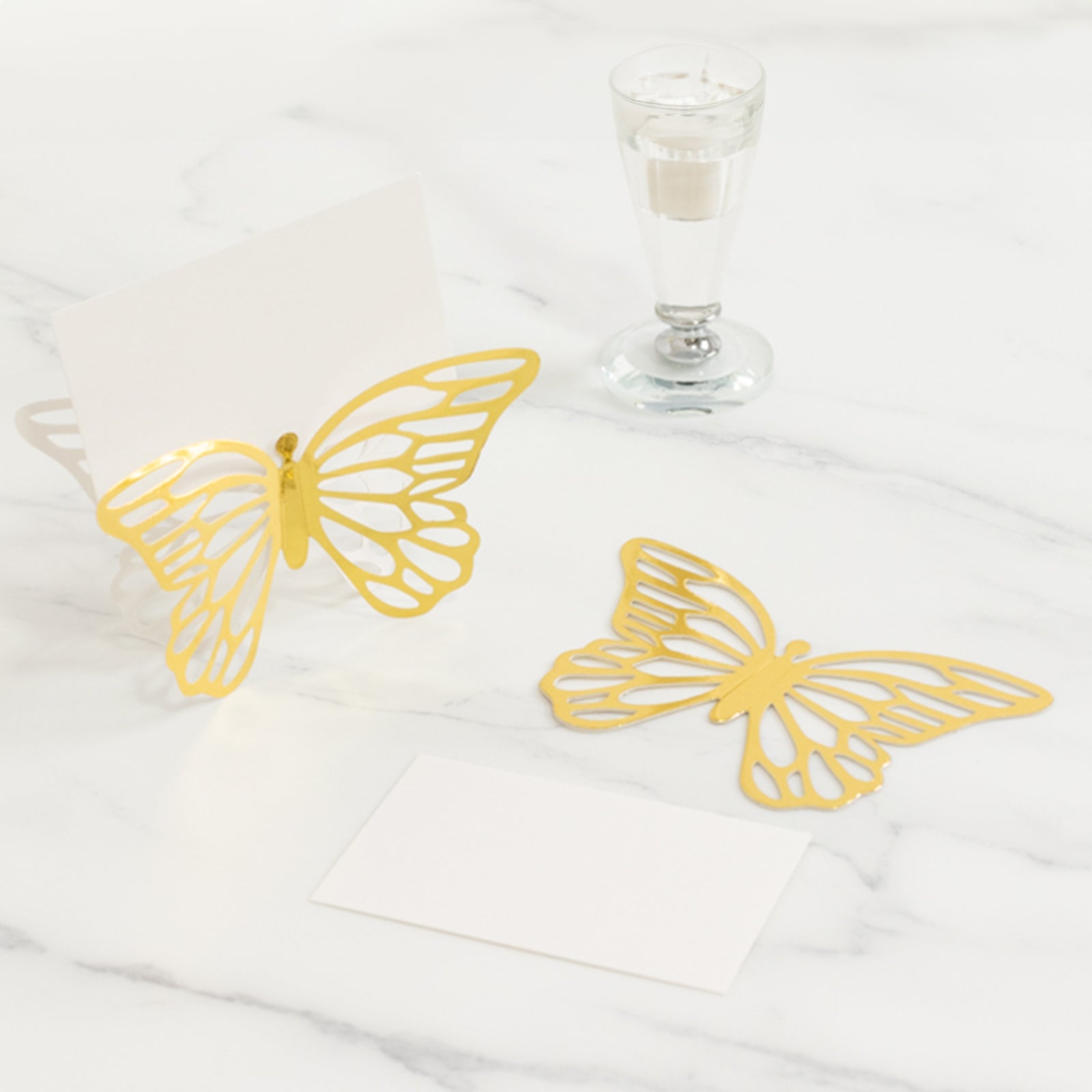 25-Piece Gold Paper Butterfly Place Card Holders with Printable White Cards - 3D Free-Standing 3x5 Table Number Stands