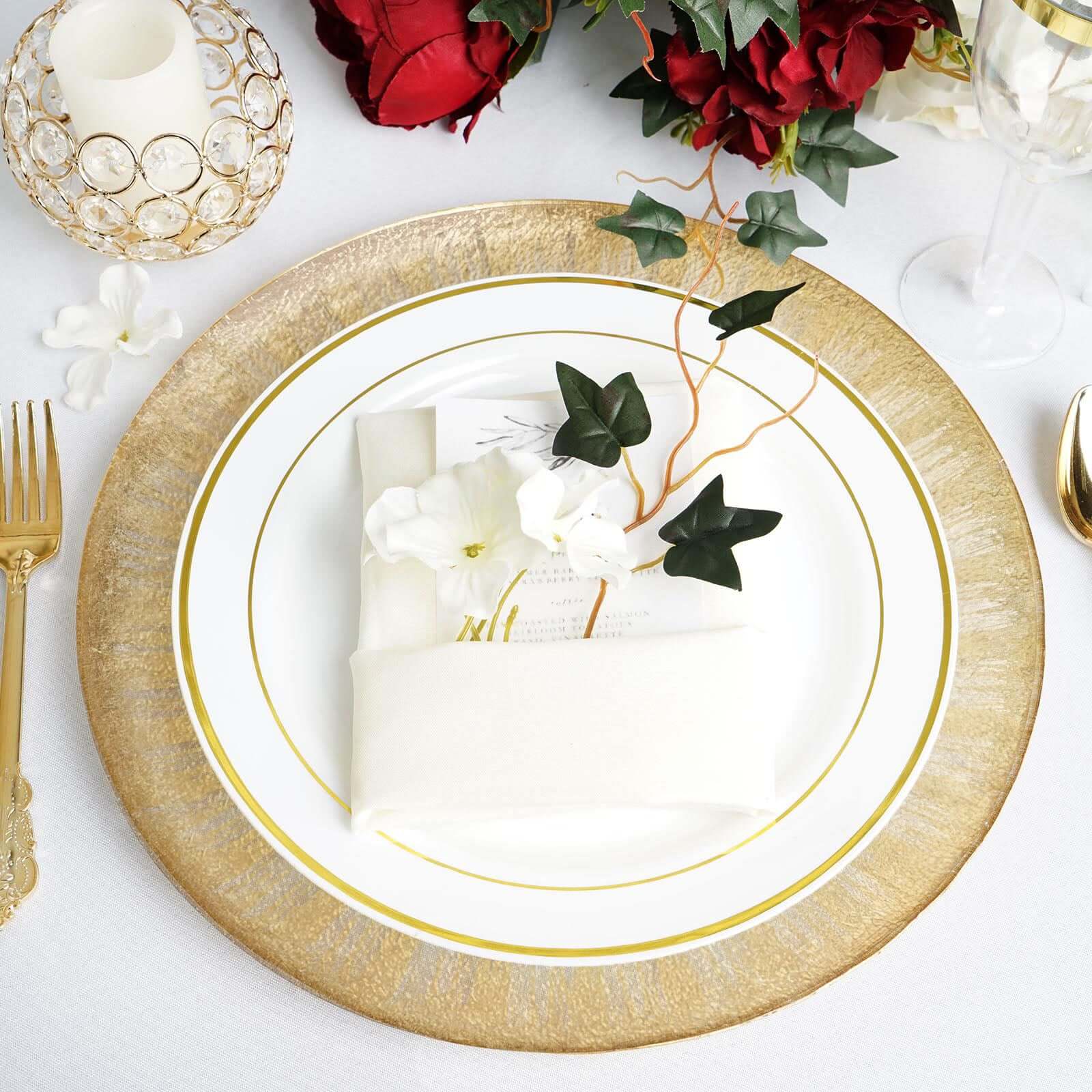 Hot Sale! 8-Piece Set of 13-Inch Clear Glass Round Dinner Charger Plates with Metallic Gold Spray Rim