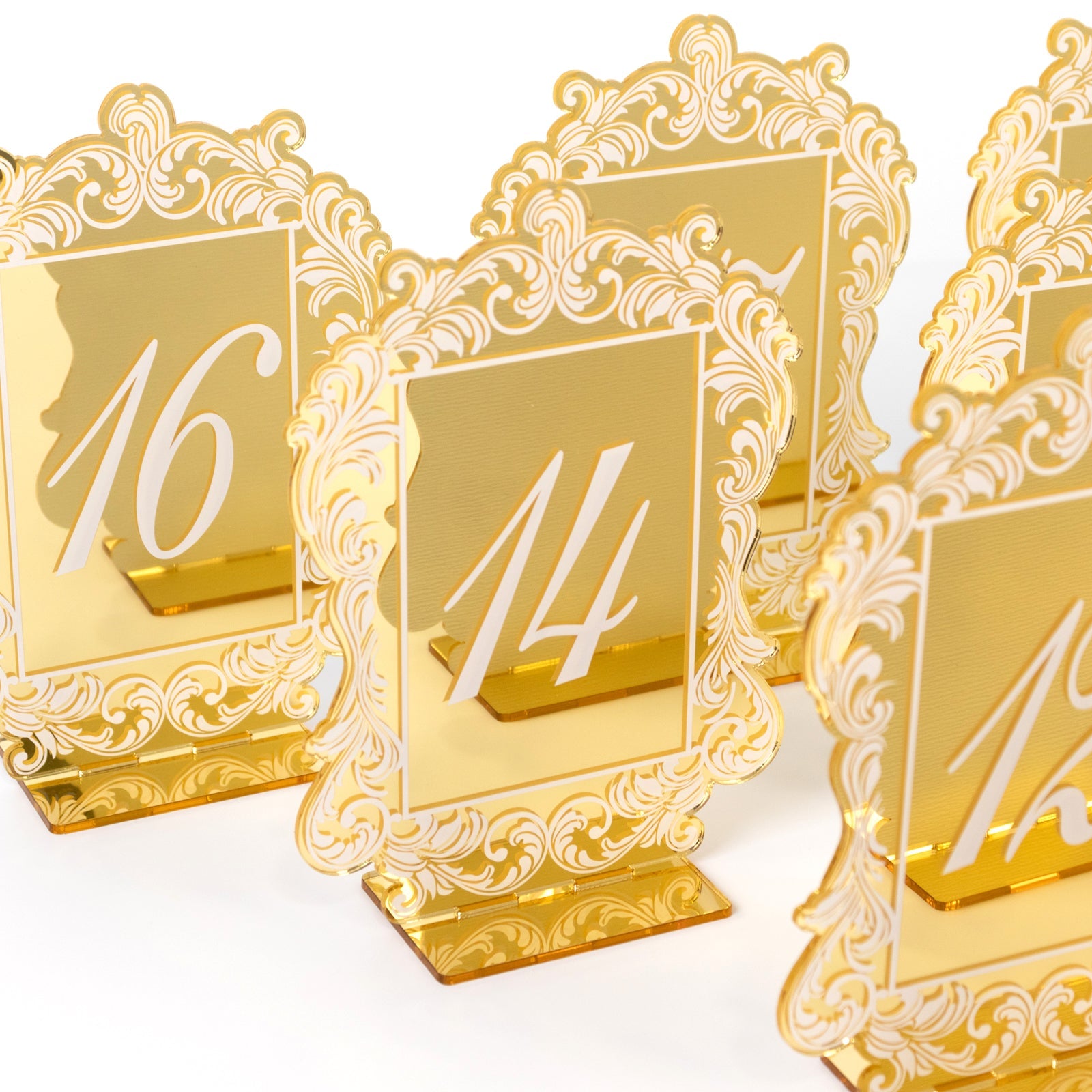 Gold Mirror Finish Acrylic Table Numbers 11 - 20, 5x7 Wedding Reception Signs with Baroque Lace, White Print & Stands