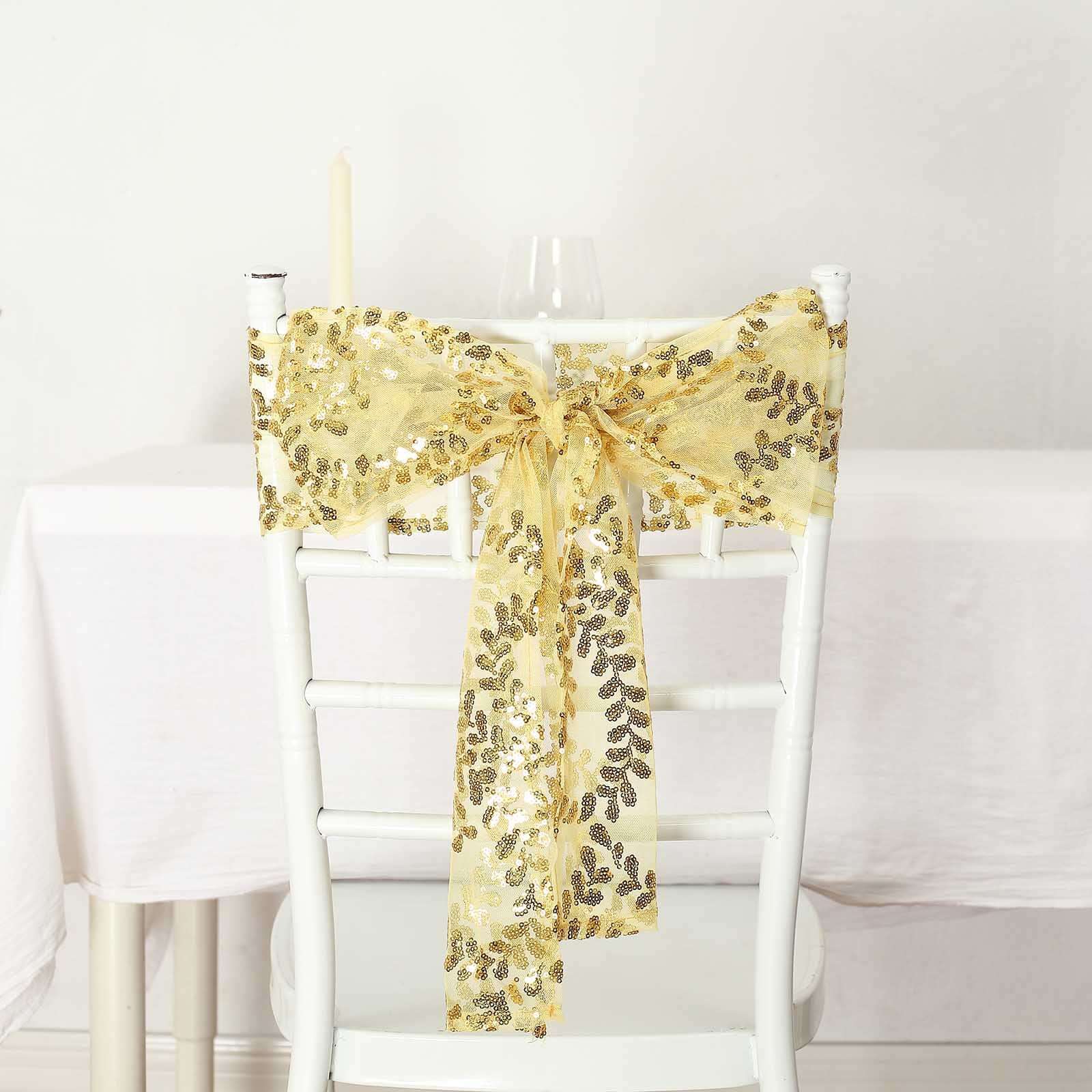 Set of 5 Gold Tulle Chair Sashes with Leaf Vine Embroidered Sequins, 6x88 - Ideal for Weddings