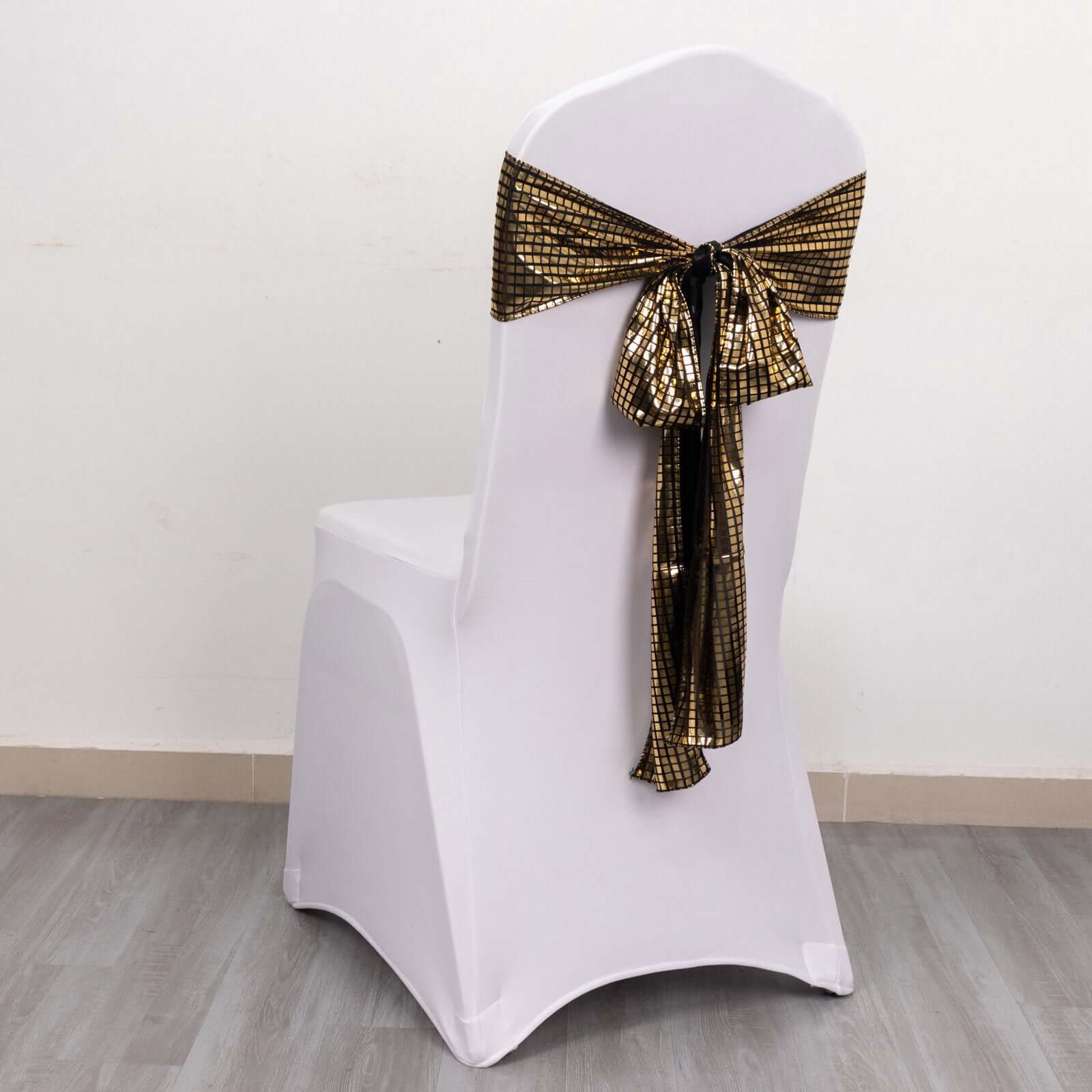 Hot Deal! 5-Pack Black/Gold Shiny Foil Polyester Chair Sashes for Disco Events