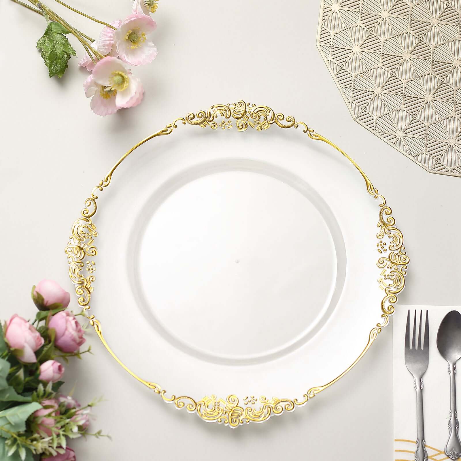 Hot Sale! 6-Pack 13-inch Clear Acrylic Round Charger Plates with Gold Embossed Baroque Rim for Antique Dinner Parties