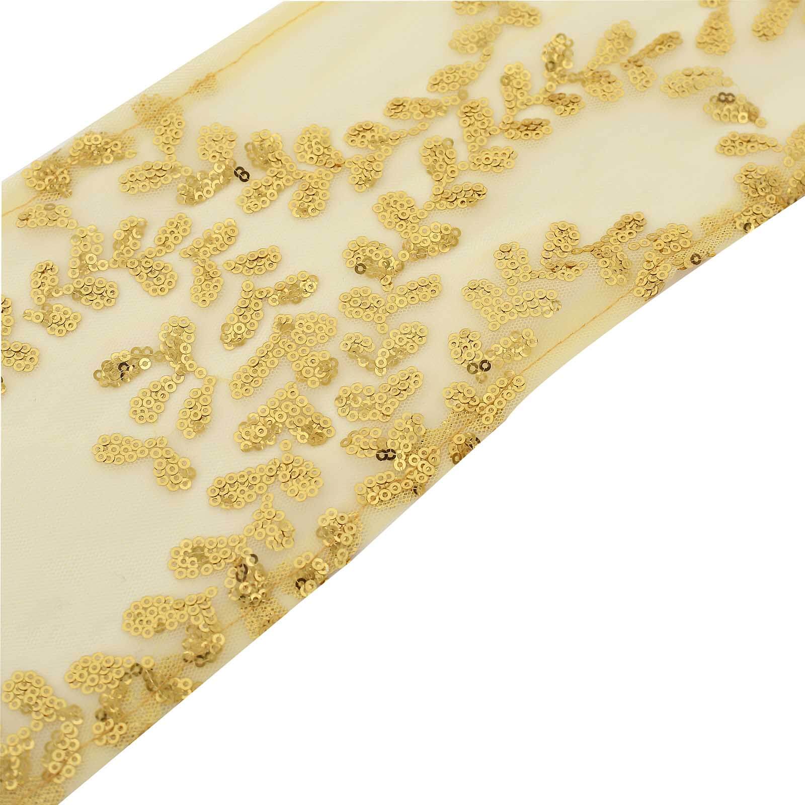 Set of 5 Gold Tulle Chair Sashes with Leaf Vine Embroidered Sequins, 6x88 - Ideal for Weddings