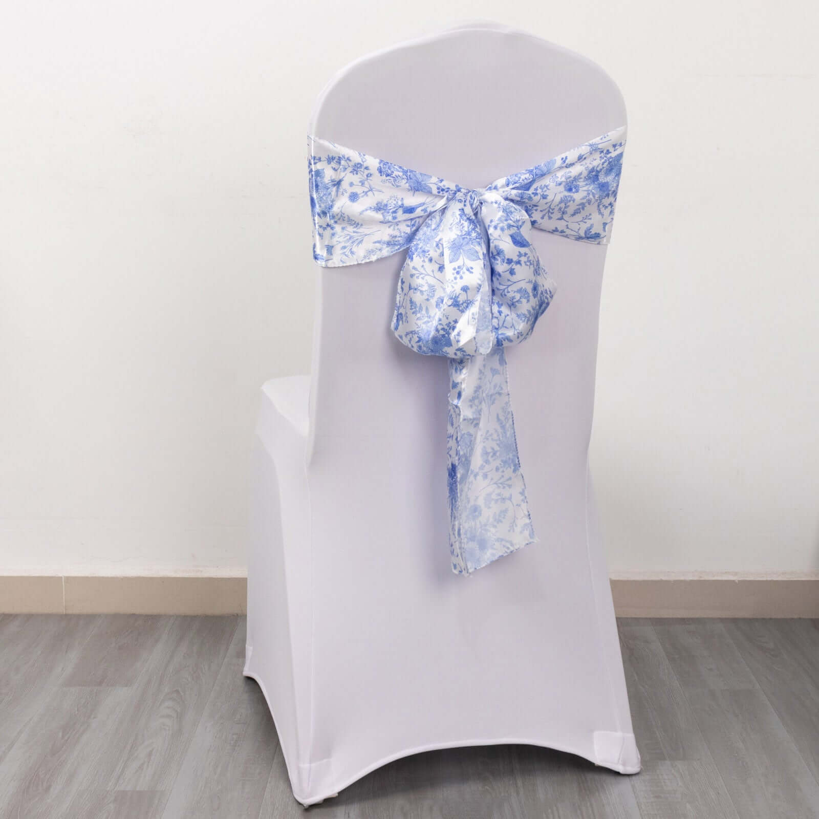 Special Offer! 5-Piece Set of Wrinkle-Resistant, Reusable Satin Chair Sashes in White/Blue French Toile Floral Design
