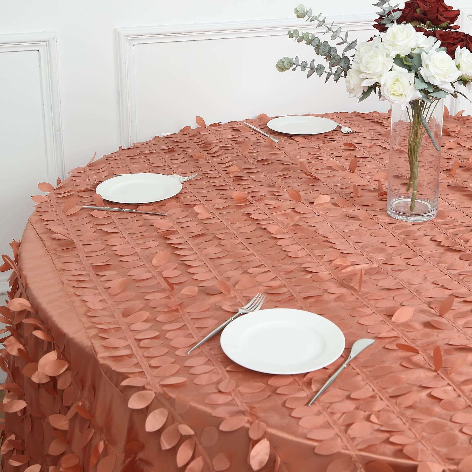 Exclusive 132' Round Taffeta Tablecloth in Terracotta (Rust) with 3D Leaf Petal Design