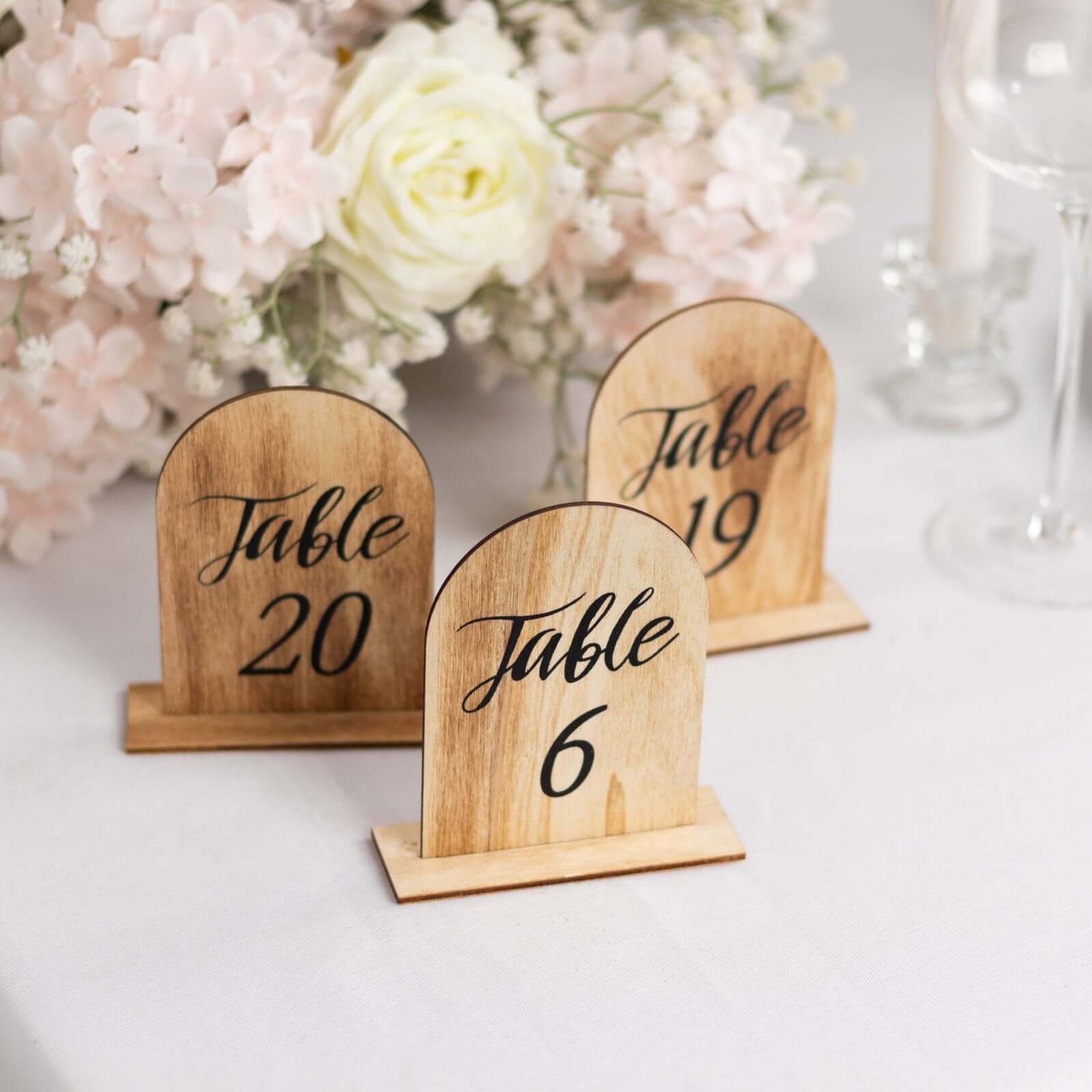 20-Piece Set of 4.5-Inch Natural Rustic Wooden Arch Table Numbers 1 - 20 for Weddings and Events