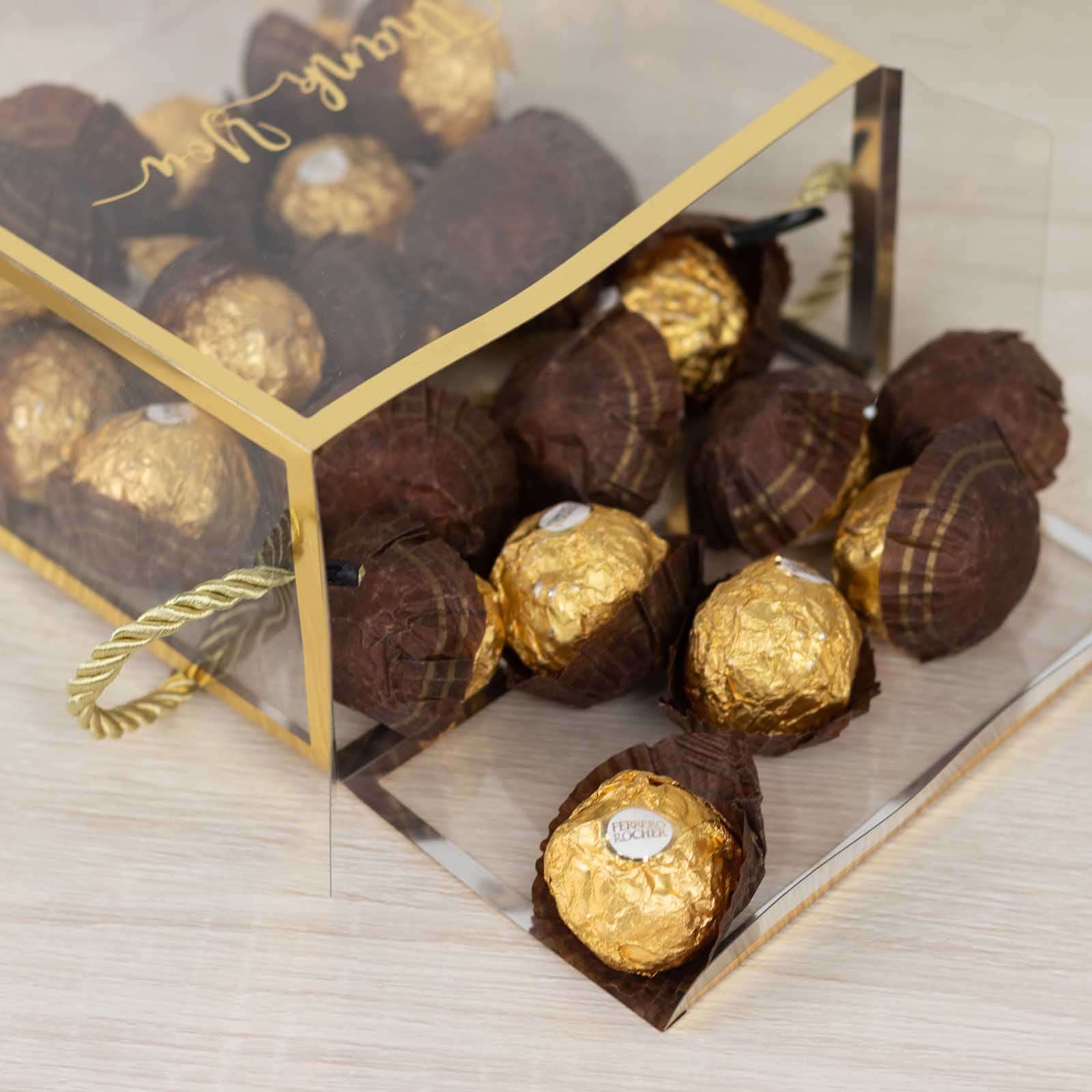 25-Pack Gold-Trimmed Clear PVC Portable Candy Favor Boxes with Rope Handles and 'Thank You' Print