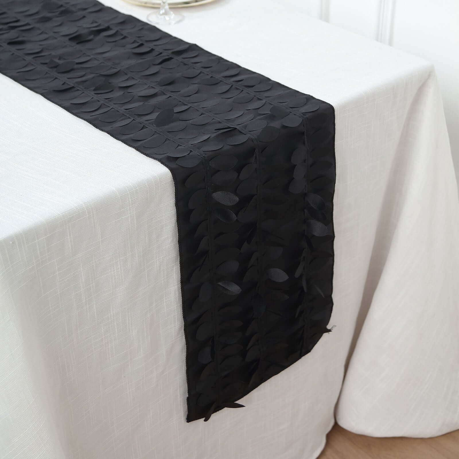 Exclusive Black Taffeta Table Runner with 3D Leaf Petal Design