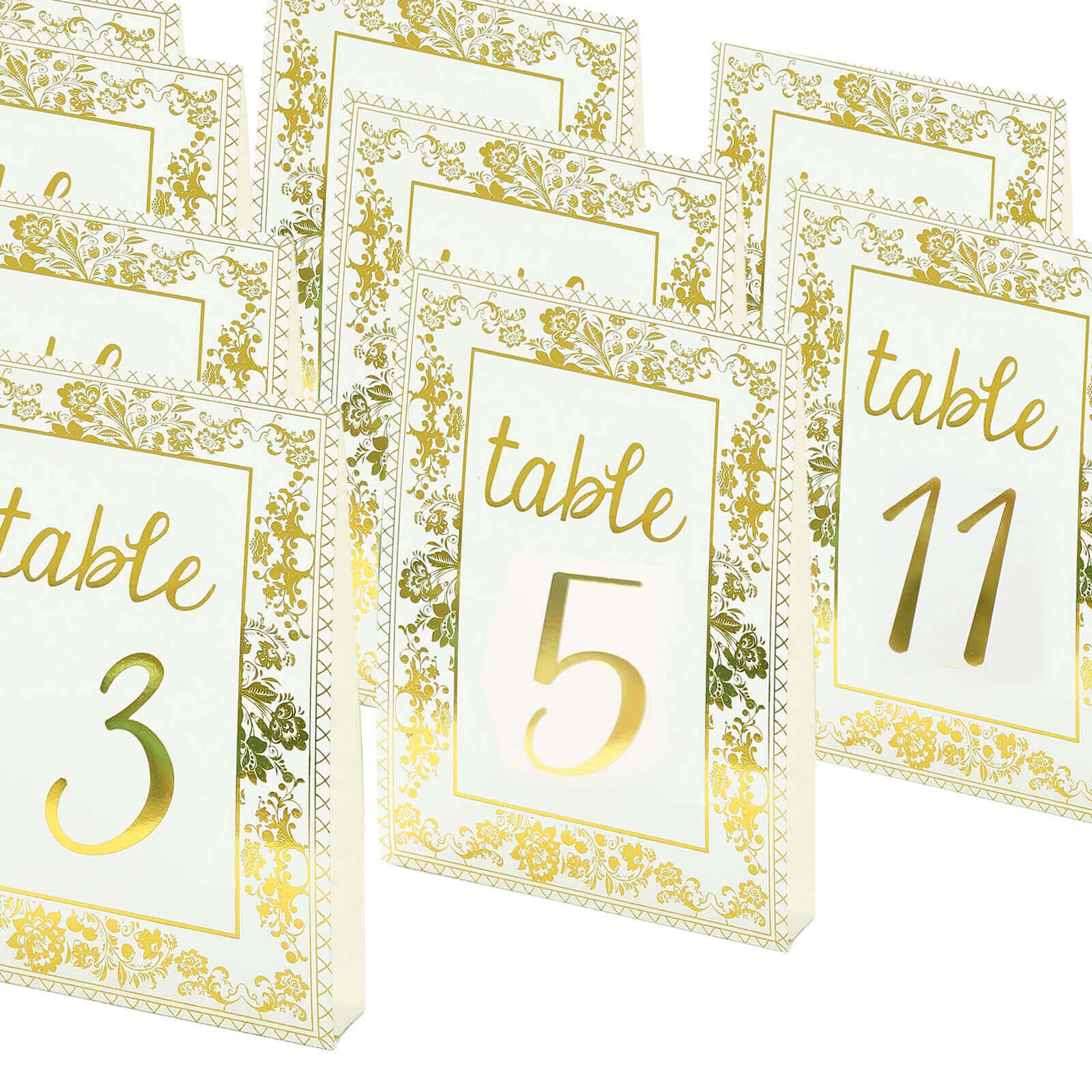25-Piece Set of Double-Sided Free-Standing Wedding Table Numbers 1-25 in White & Metallic Gold French Toile Style