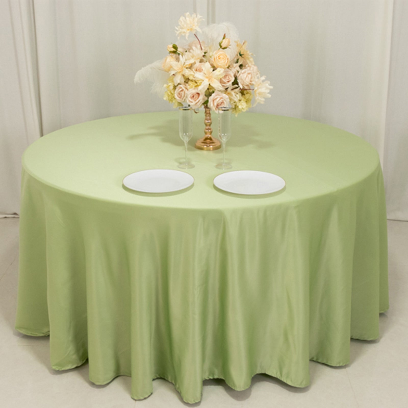 Sage Green Lamour Satin Seamless 120" Round Tablecloth with Soft Sheen