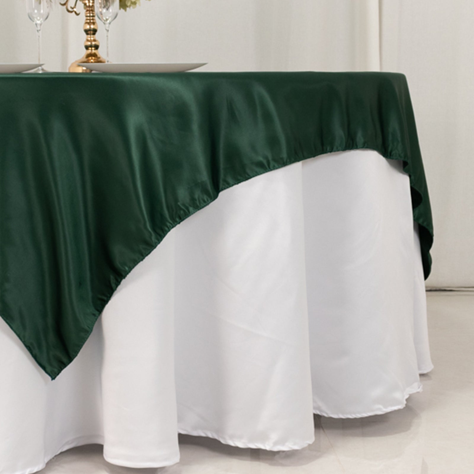 Hunter Emerald Green Lamour Satin Square Table Overlay - 72x72, Smooth Finish Topper for Events