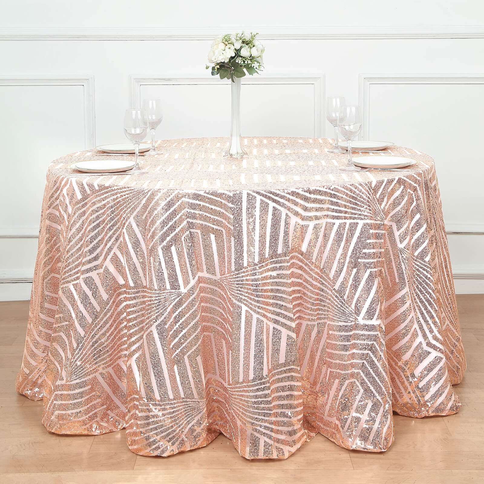 120-inch Rose Gold Seamless Sequin Round Tablecloth with Diamond Glitz