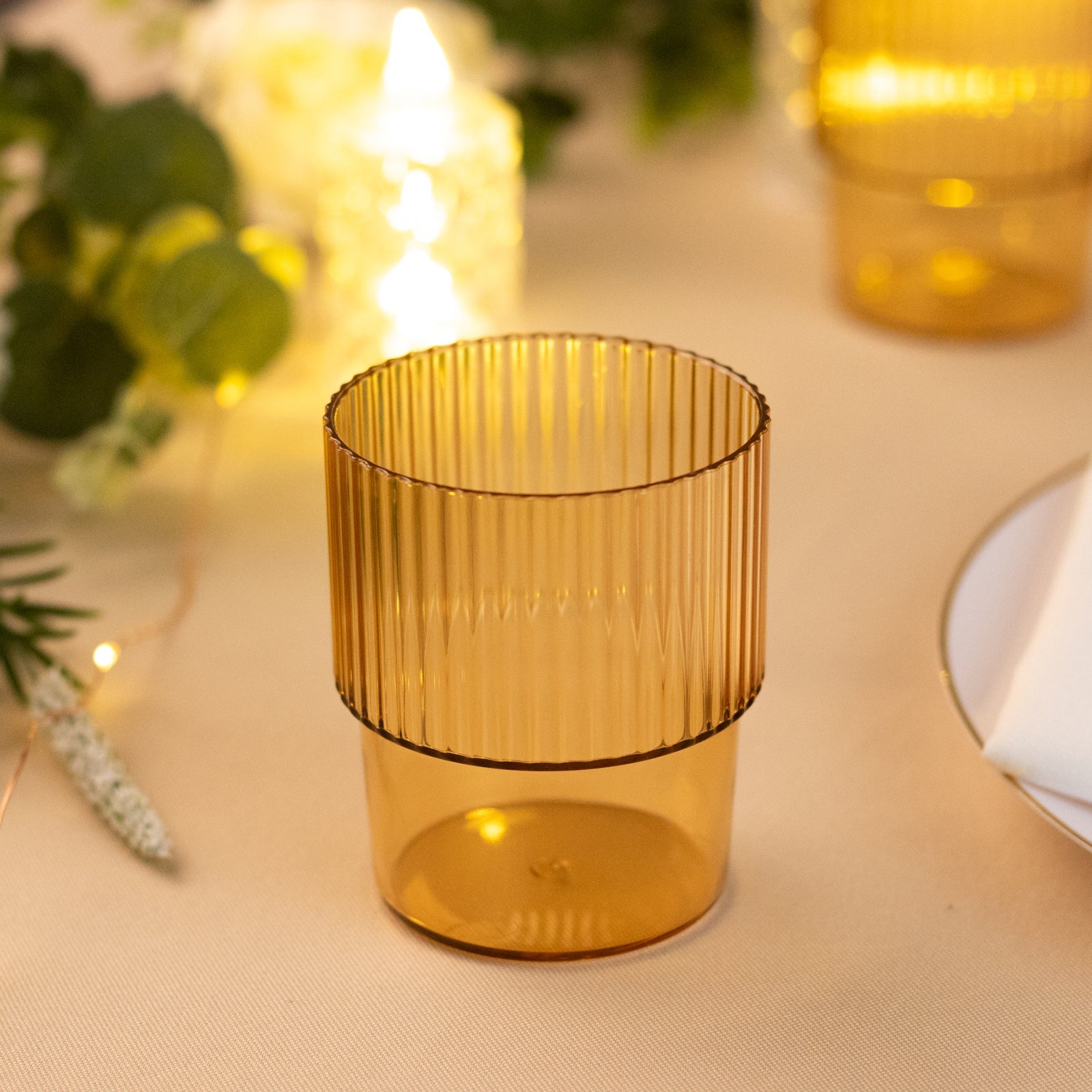 12-Piece Set of Reusable 7oz Stackable Amber Gold Plastic Drinking Glasses with Ribbed Pattern