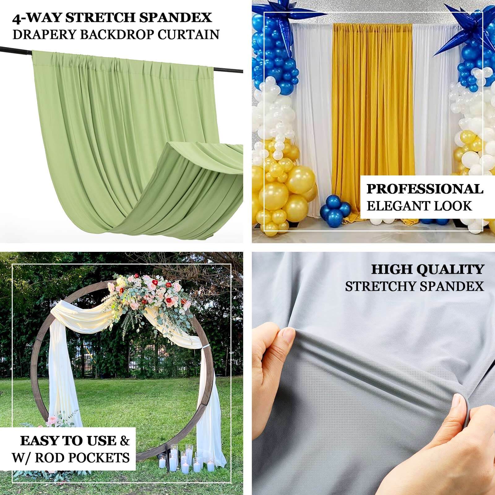 Hot Sale! 5ftx12ft White Wrinkle-Free 4-Way Stretch Spandex Event Backdrop Curtains with Rod Pockets