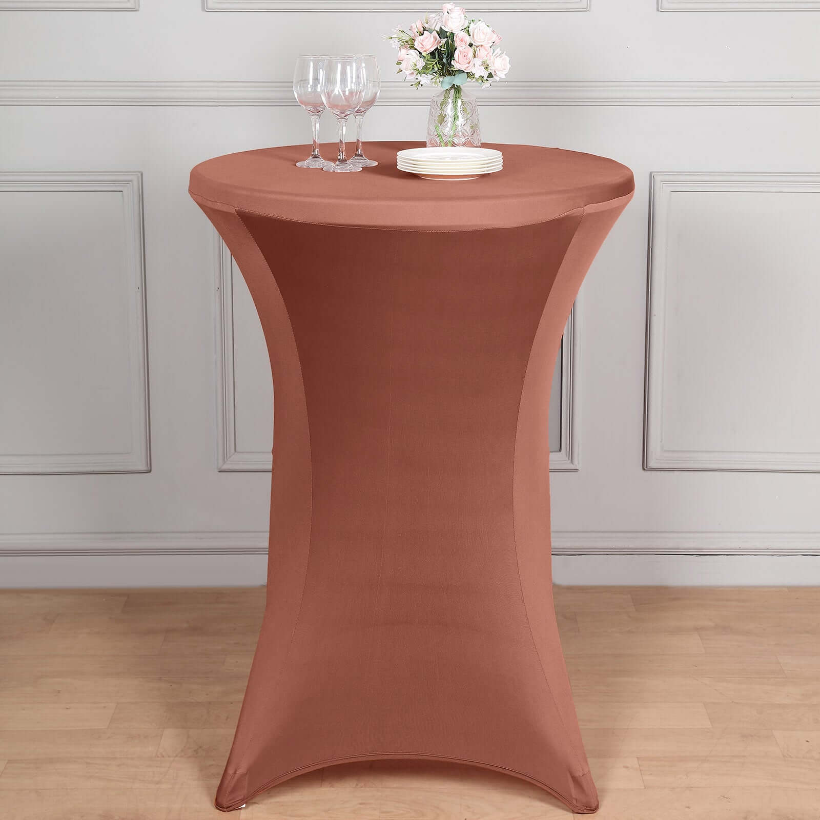 Affordable Stretch Fitted Spandex Cocktail Table Cover in Terracotta (Rust) for 24-32