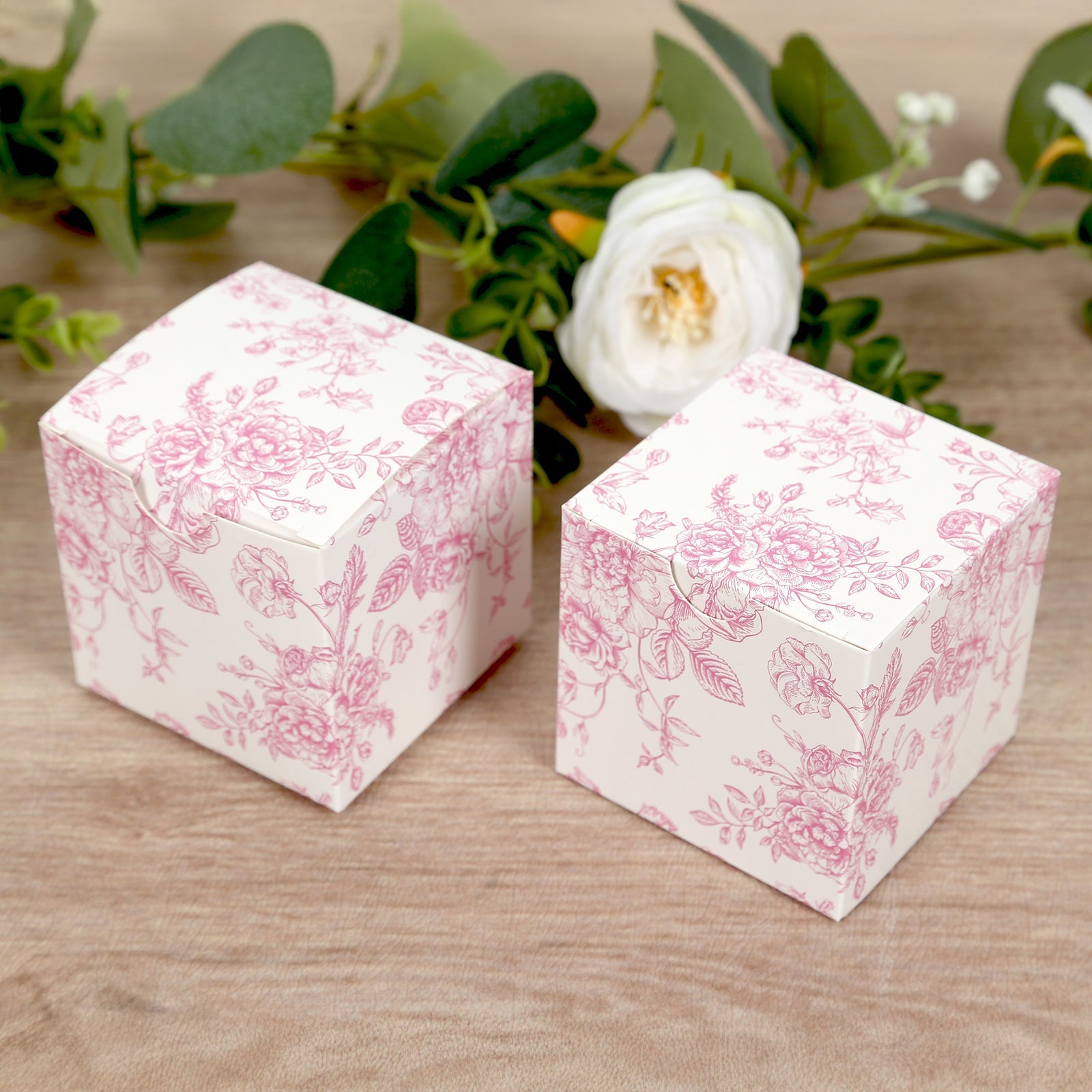 25-Pack French Toile Pattern Matte Pink and White Cardstock Candy Favor Boxes, 3x3 - Perfect for Parties