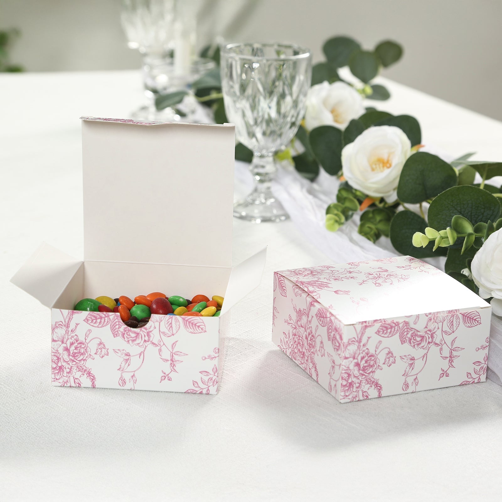 Get 25-Pack Matte Pink & White French Toile Pattern Cardstock Party Favor Candy Gift Boxes (4x4x2)