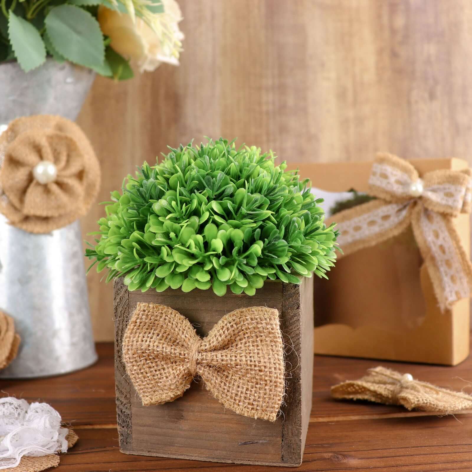 24 Pcs Natural Burlap Flower and Bow Set with Lace Ribbon, 8 Assorted Styles, 30 Sticker Dots Included