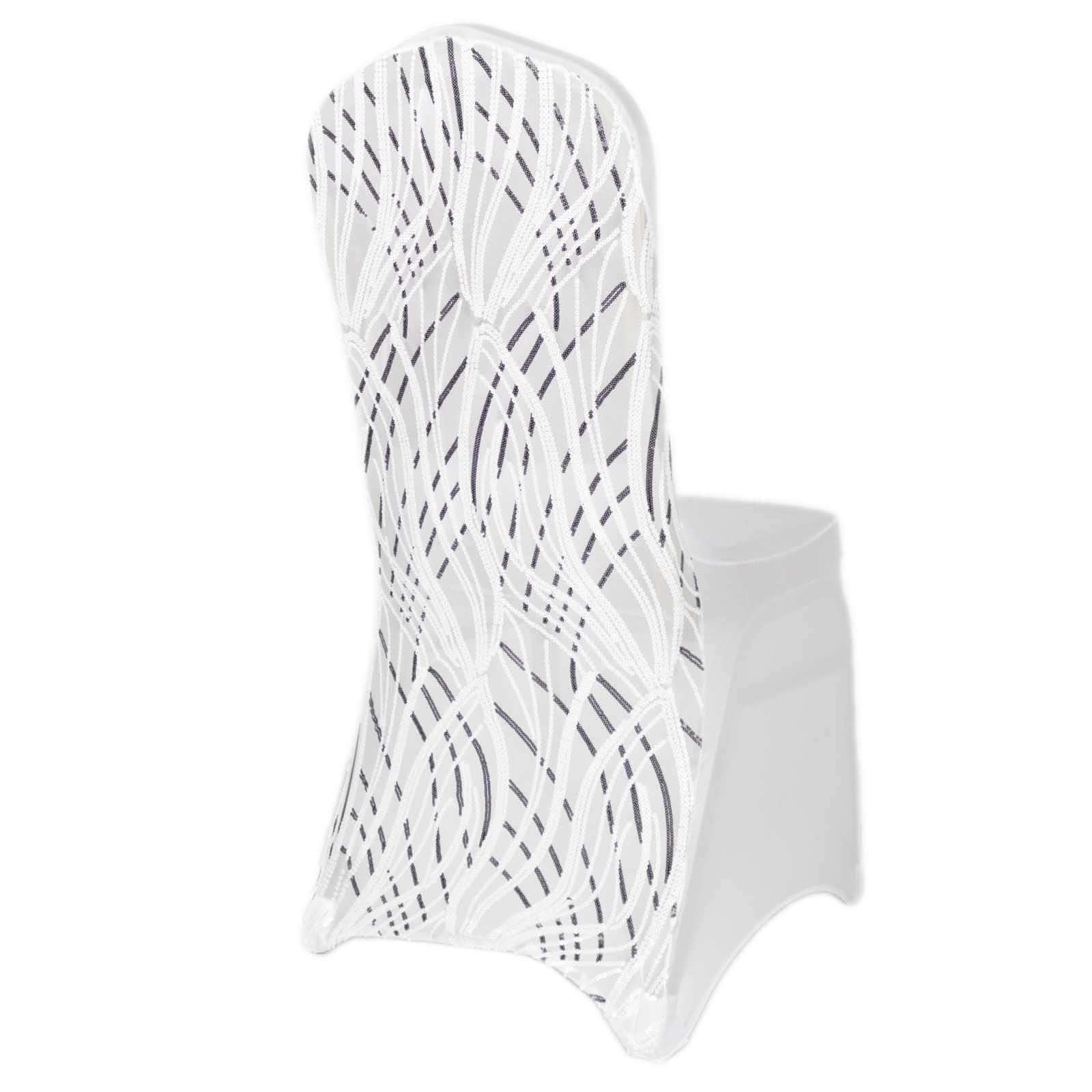 Luxe Glittering Stretch Fitted Slipcover - Spandex Banquet Chair Cover with Wave - Embroidered Sequins in White/Black
