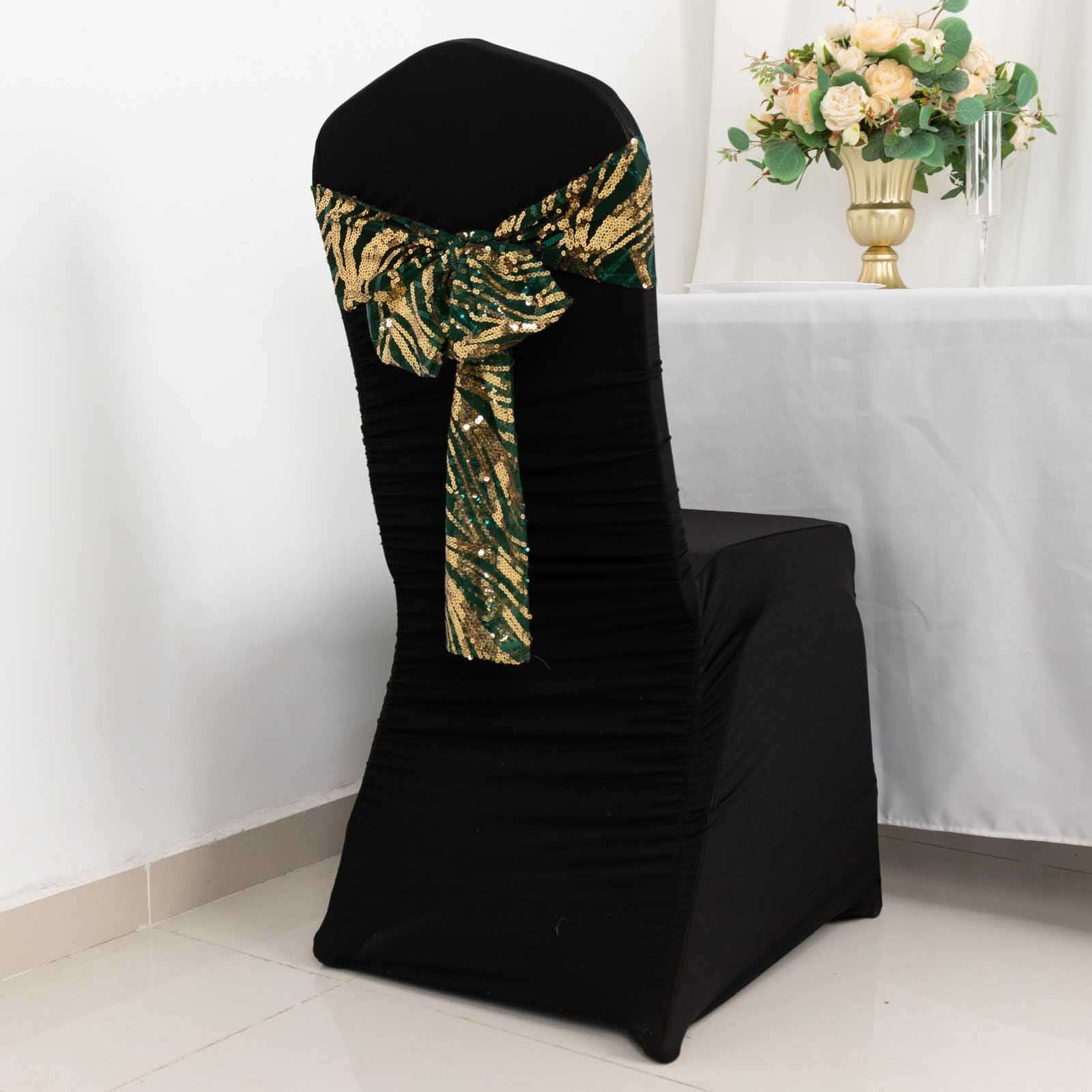 Special Offer! 5-Piece Chair Sashes in Sparkling Hunter Emerald Green/Gold with Wave Sequin Design