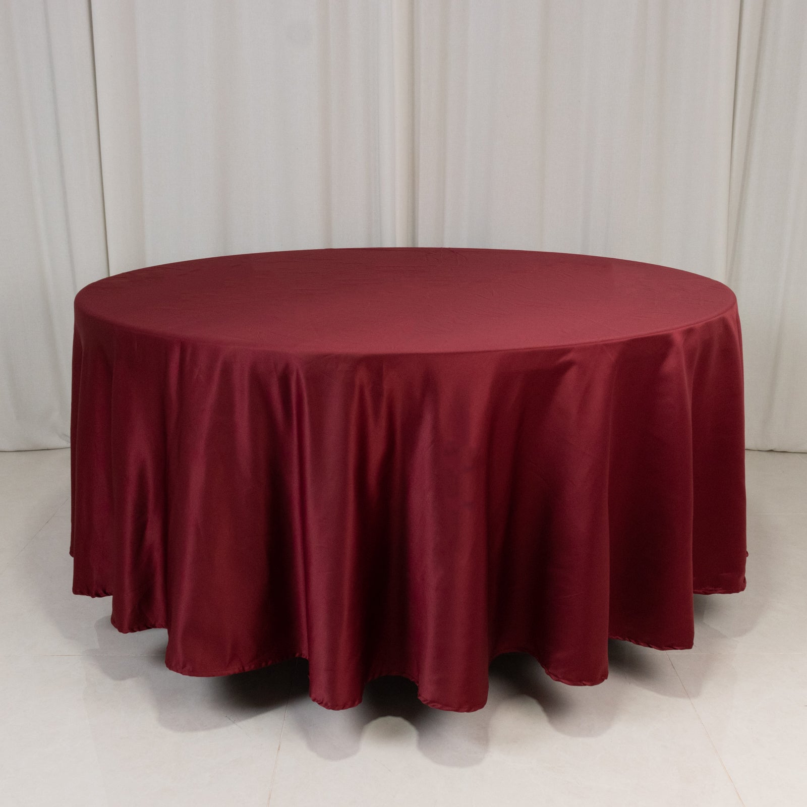 Premium Lamour Satin Round Tablecloth in Burgundy - Durable & Silk-Like, 108" Dia.