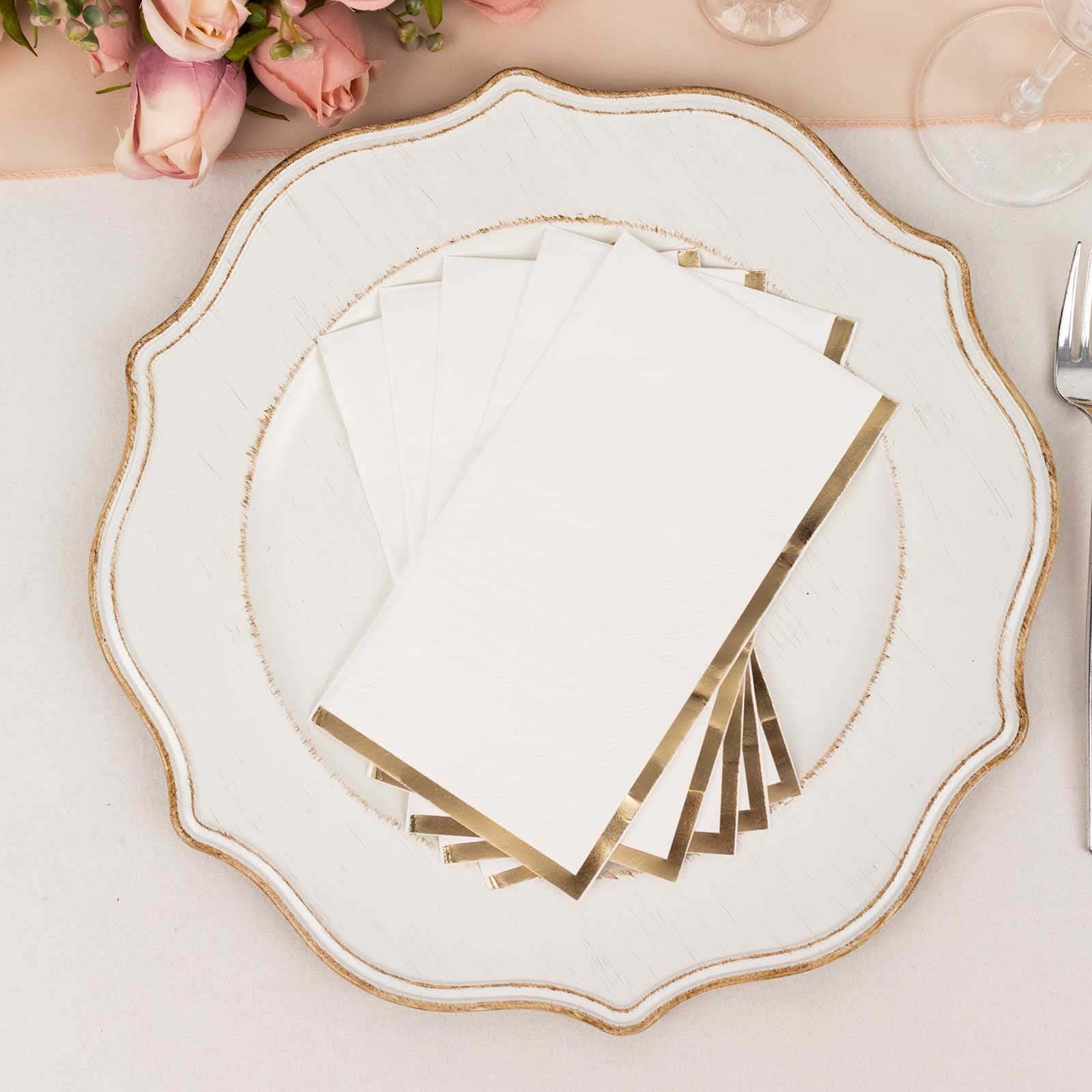 50-Pack Premium 2-Ply White Paper Dinner Napkins with Gold Foil Edge - Ideal Disposable Napkins for Parties