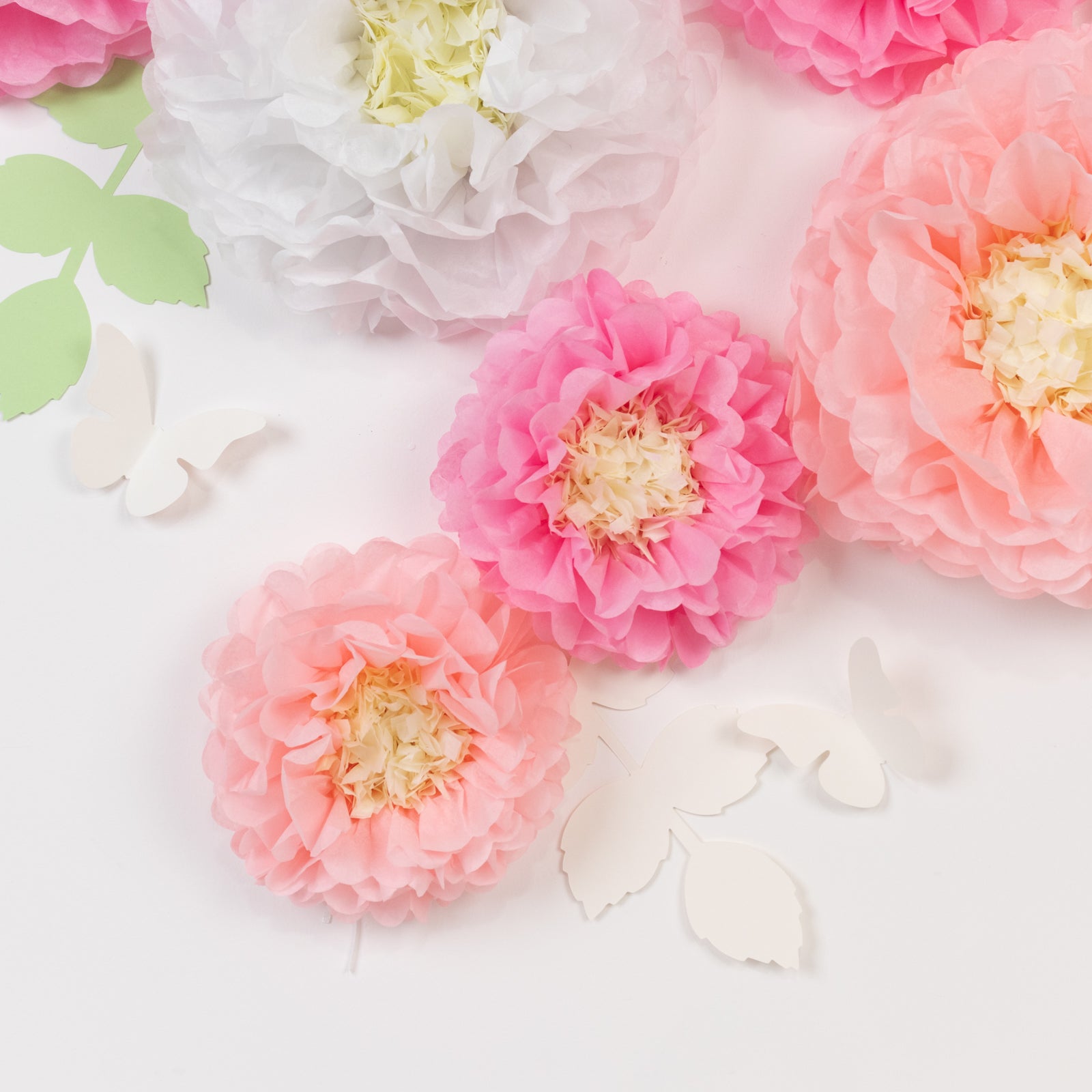 Hot! Set of 21 Tissue Paper Chrysanthemum Pom Poms Decor Kit - White & Pink with Butterflies & Olive Leaves