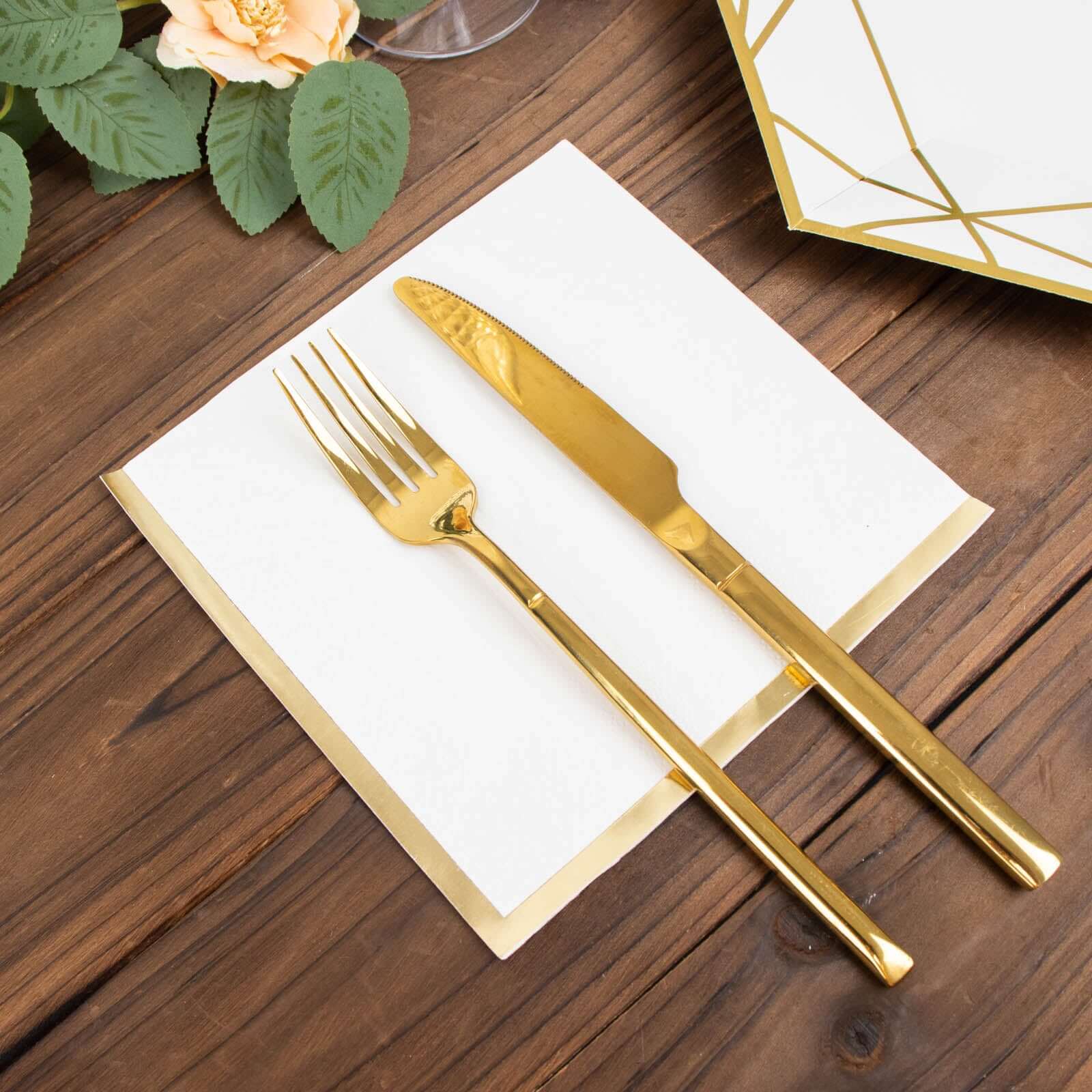 50-Piece Disposable 2-Ply White Cocktail Napkins with Gold Foil Edge, 6.5x6.5