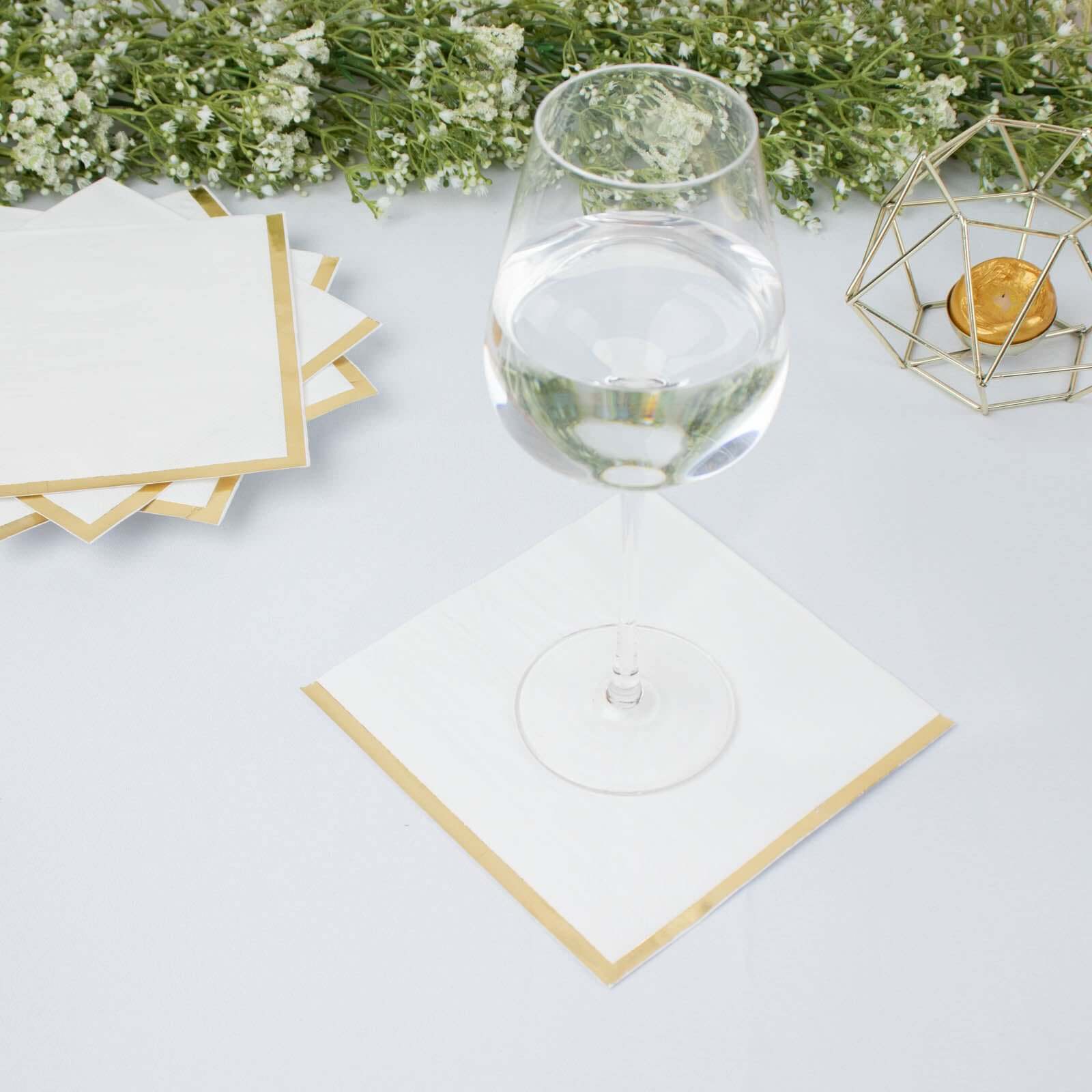 50-Piece Disposable 2-Ply White Cocktail Napkins with Gold Foil Edge, 6.5x6.5