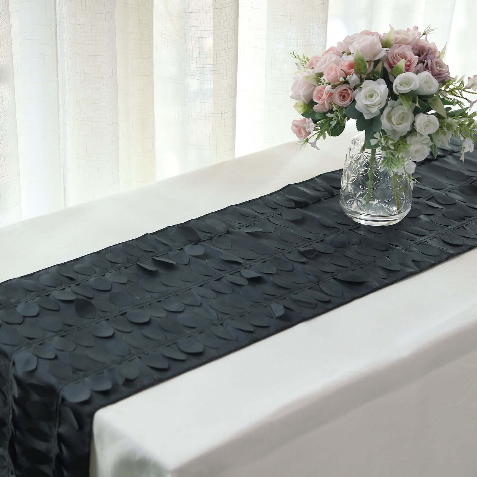 Exclusive Black Taffeta Table Runner with 3D Leaf Petal Design