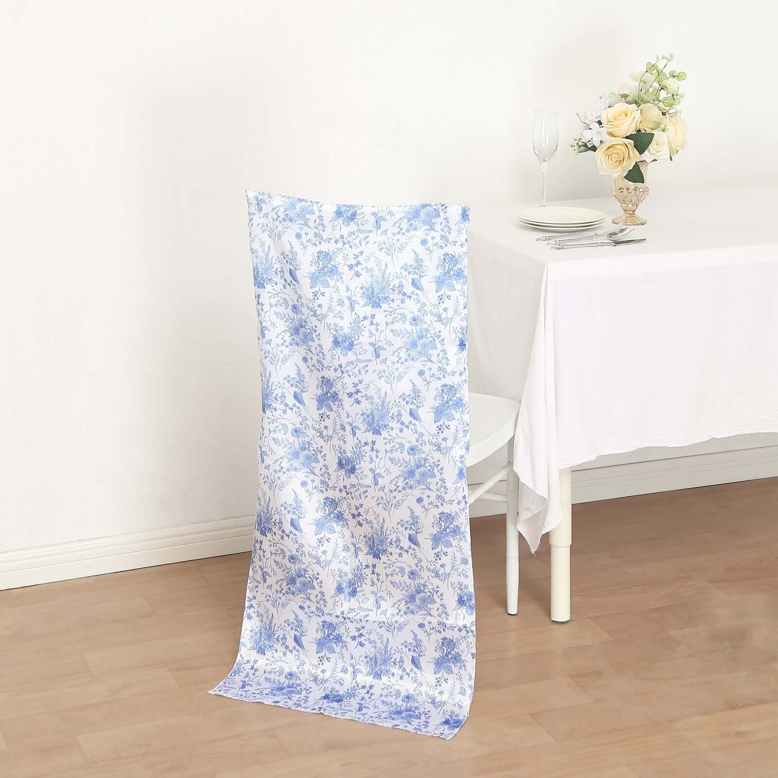 Hot! Satin French Toile Floral Slipcover for Chiavari Chairs in White/Blue - Ideal for Weddings