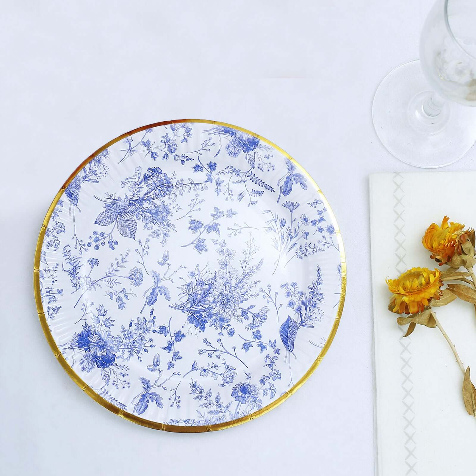 Hot Deal! 25-Pack Disposable 7-Inch Round White Dessert Plates with Light Blue French Toile & Gold Rim