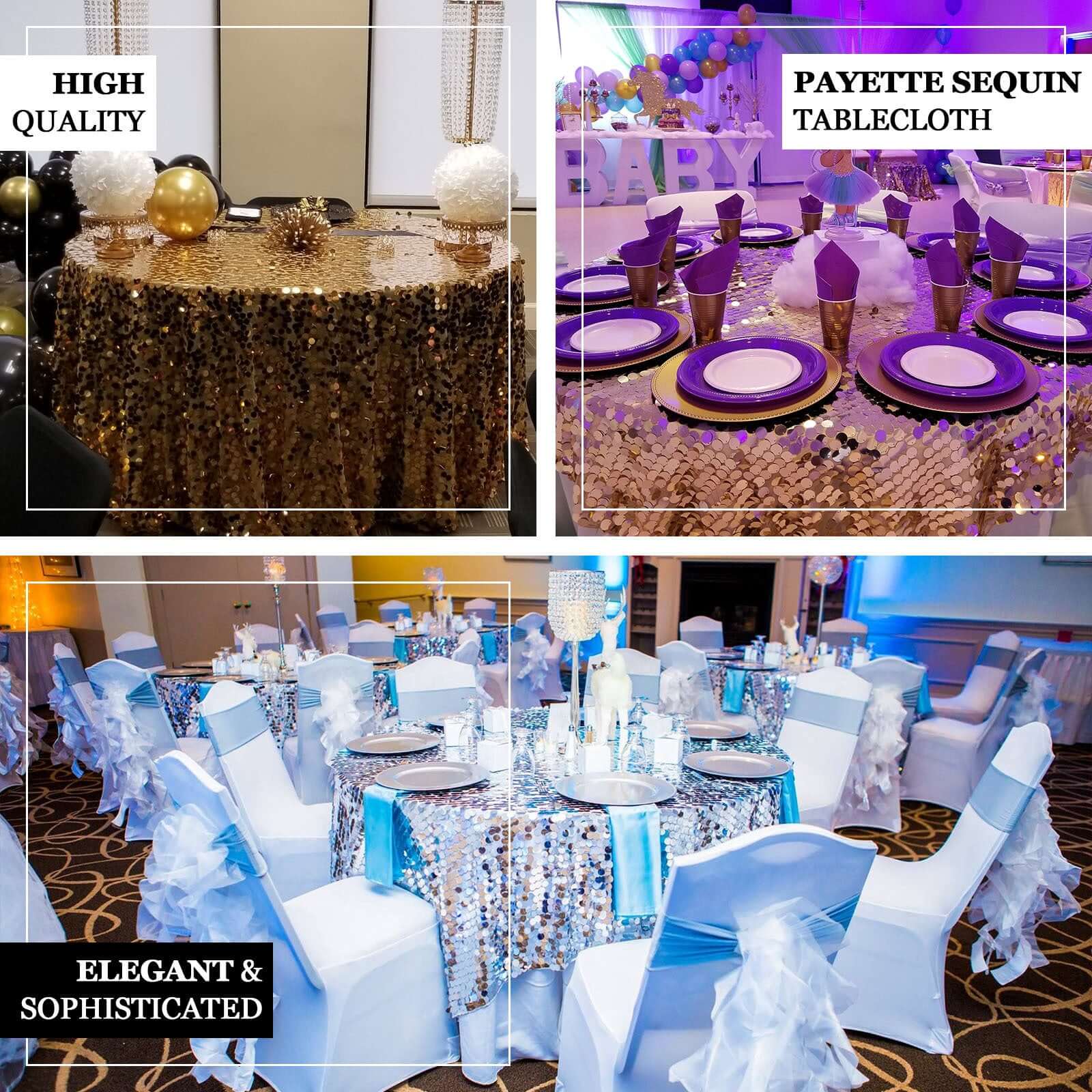 Champagne Sequin Round Tablecloth - 120' Diameter, Seamless for Weddings and Parties