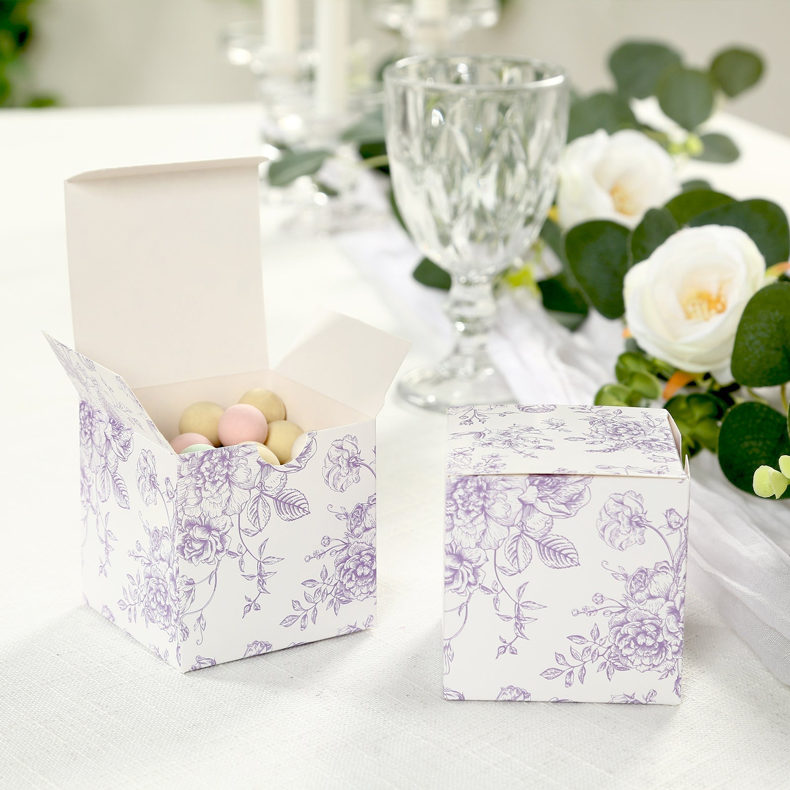 25-Piece Matte Lavender and White French Toile Pattern Cardstock Candy Favor Boxes - 3x3