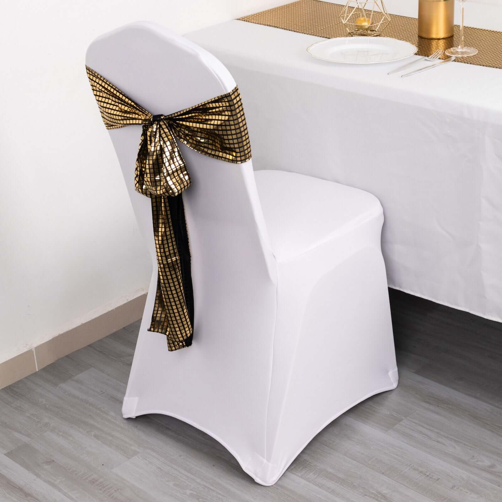 Hot Deal! 5-Pack Black/Gold Shiny Foil Polyester Chair Sashes for Disco Events