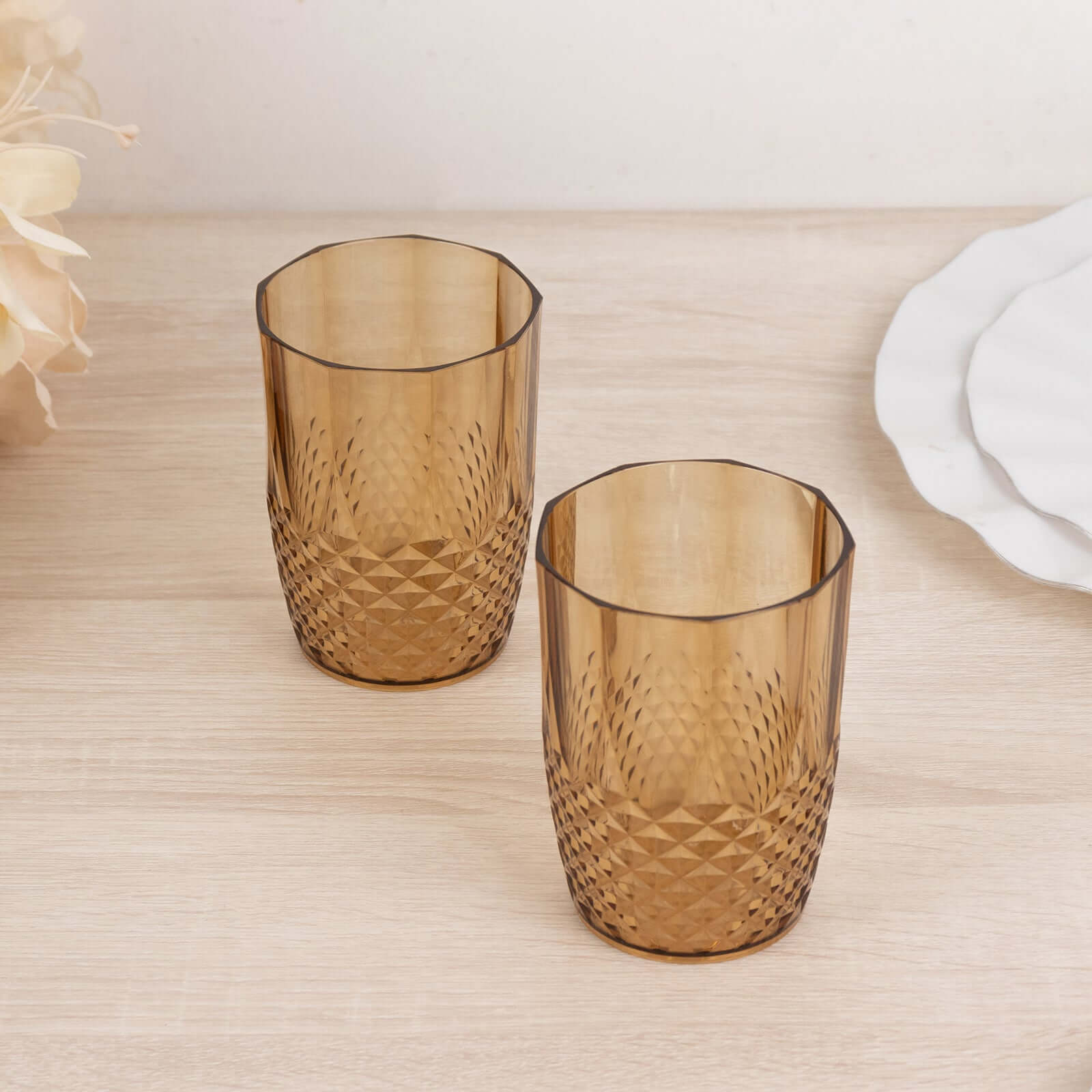 Hot Deal! 6-Pack Reusable 16oz Amber Gold Plastic Tumblers with Crystal Cut Style