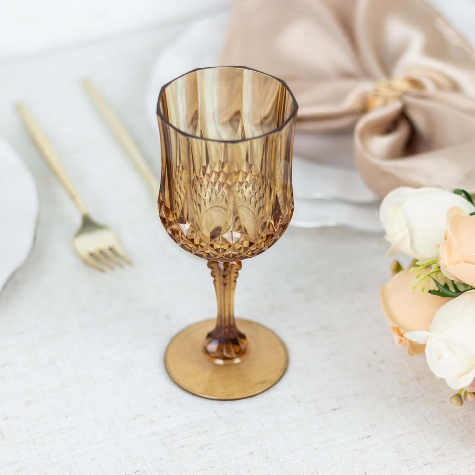 8oz Shatterproof 6-Pack Amber Gold Plastic Cocktail Goblets with Crystal Cut Design