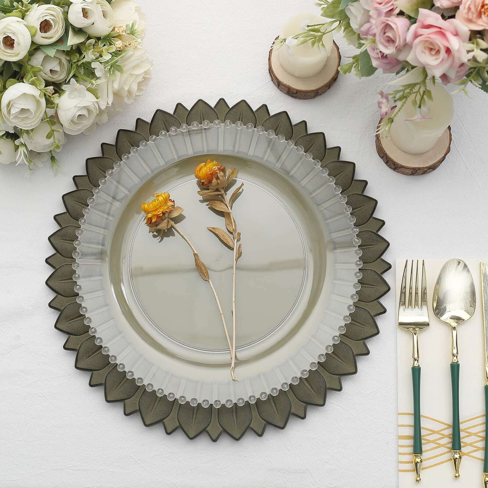 6-Piece Set of 13-Inch Matte Olive Green Plastic Round Charger Plates with Sunflower Rim