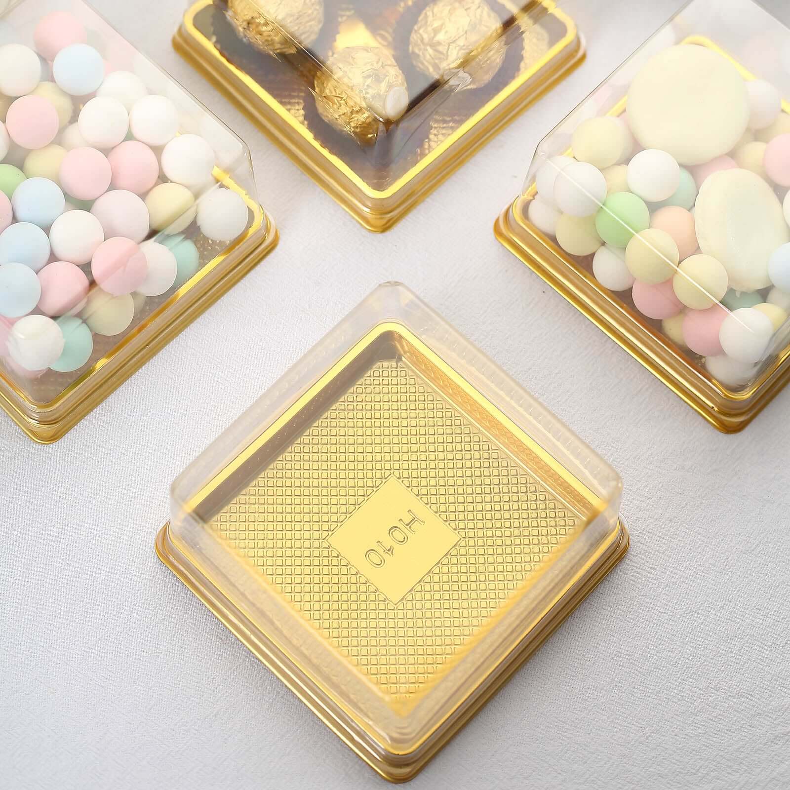 50-Pack Clear & Gold Square Mini Plastic Party Favor Boxes for Cupcakes & Desserts