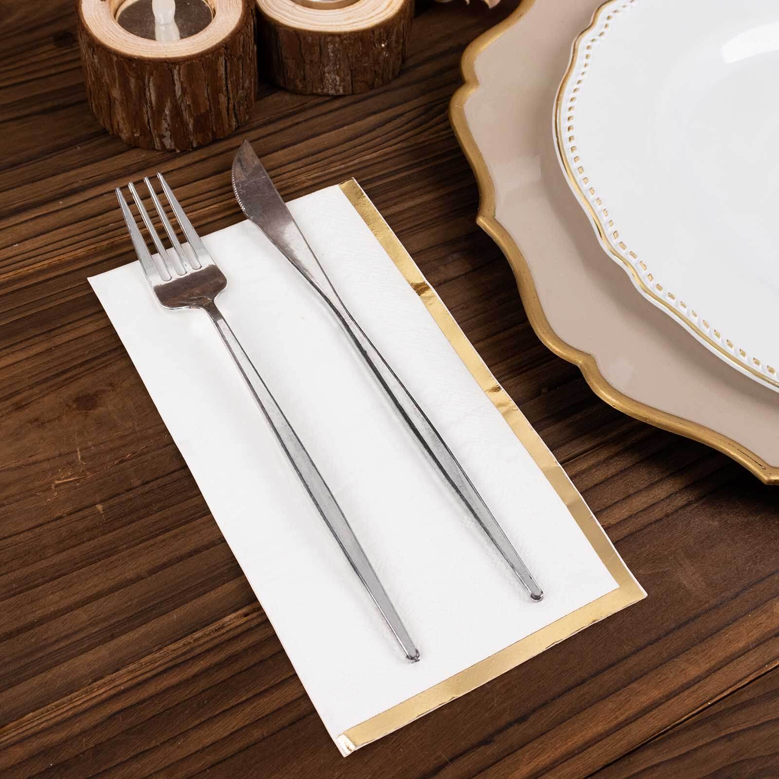 50-Pack Premium 2-Ply White Paper Dinner Napkins with Gold Foil Edge - Ideal Disposable Napkins for Parties