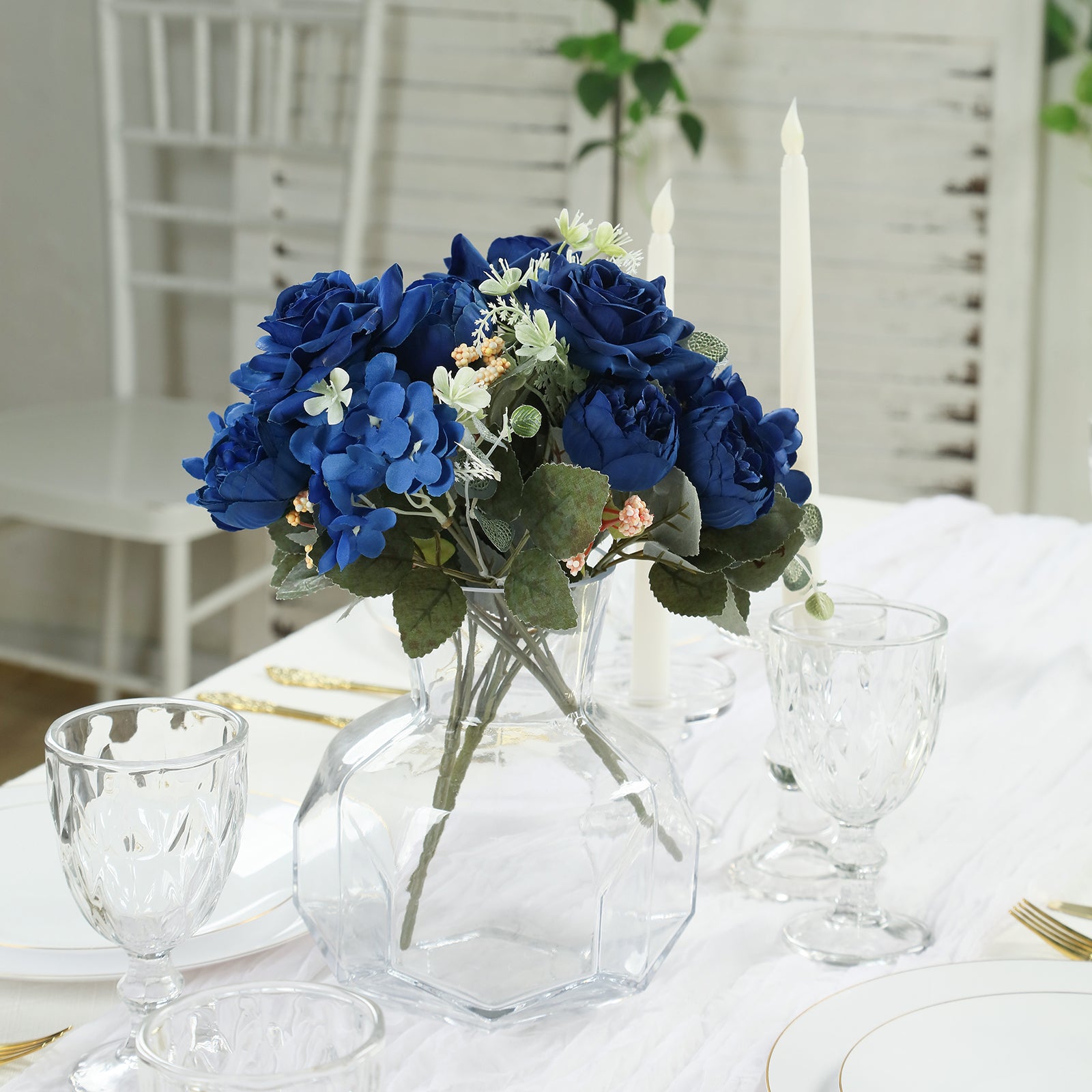 2-Pack Navy Blue Silk Artificial Rose & Peony Floral Arrangements for Weddings and Home Decor