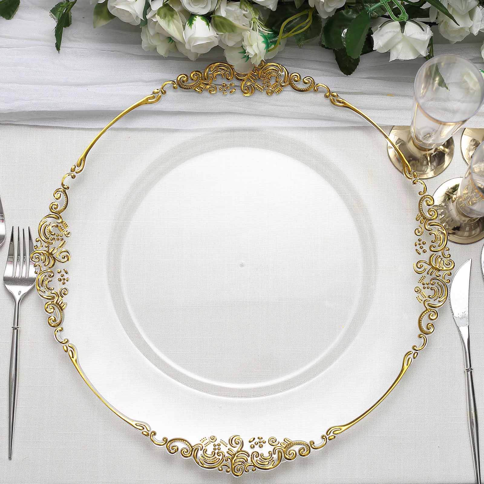 Hot Sale! 6-Pack 13-inch Clear Acrylic Round Charger Plates with Gold Embossed Baroque Rim for Antique Dinner Parties