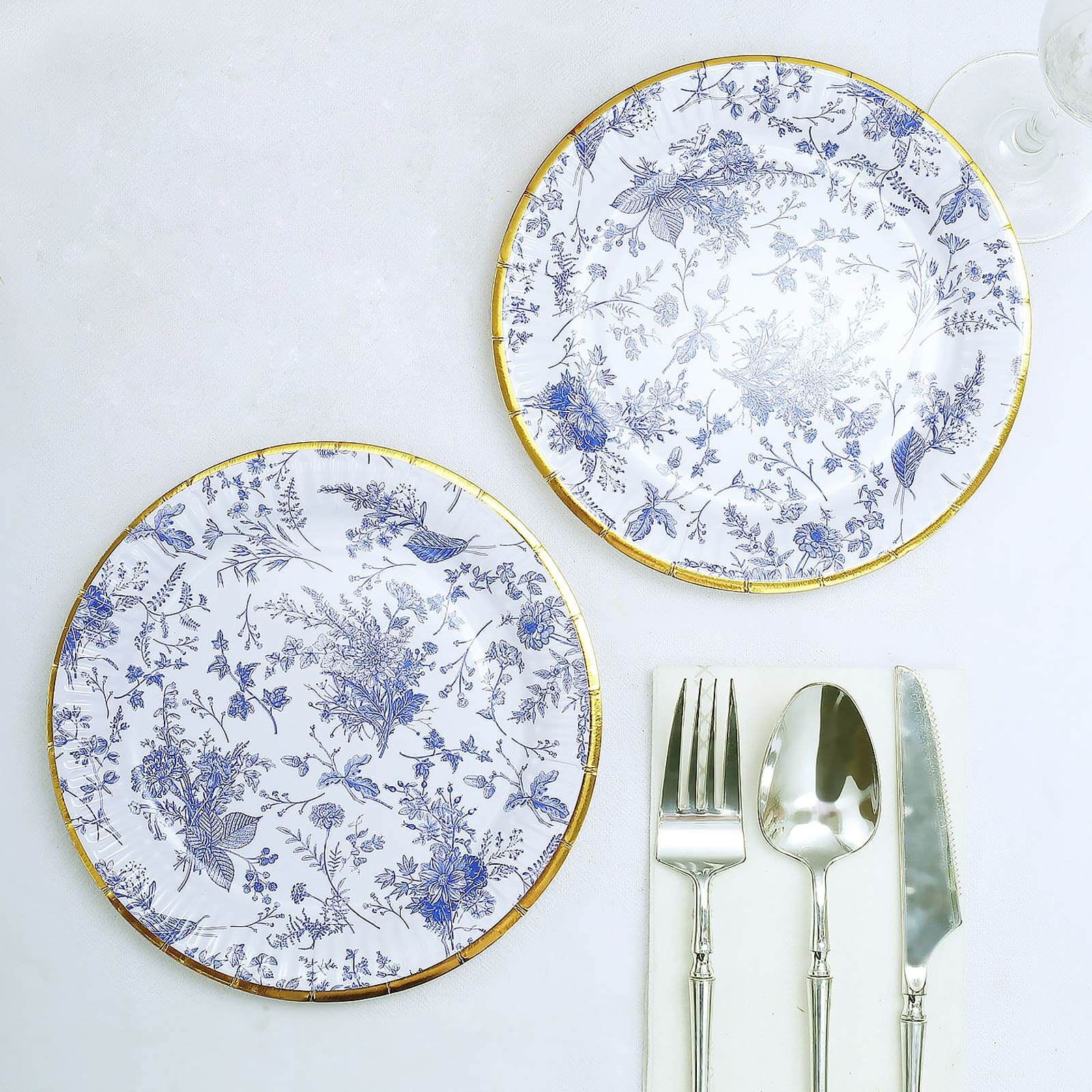 Hot Deal! 25-Pack Disposable 7-Inch Round White Dessert Plates with Light Blue French Toile & Gold Rim