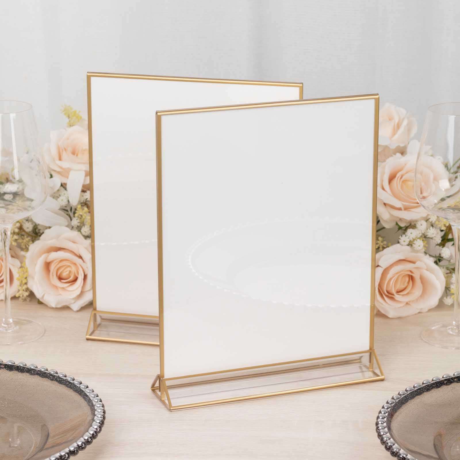 6-Pack Gold Acrylic Rectangular Sign Holders: Double-Sided Clear Display with White Cardboard, Ideal for Banquets 9x11