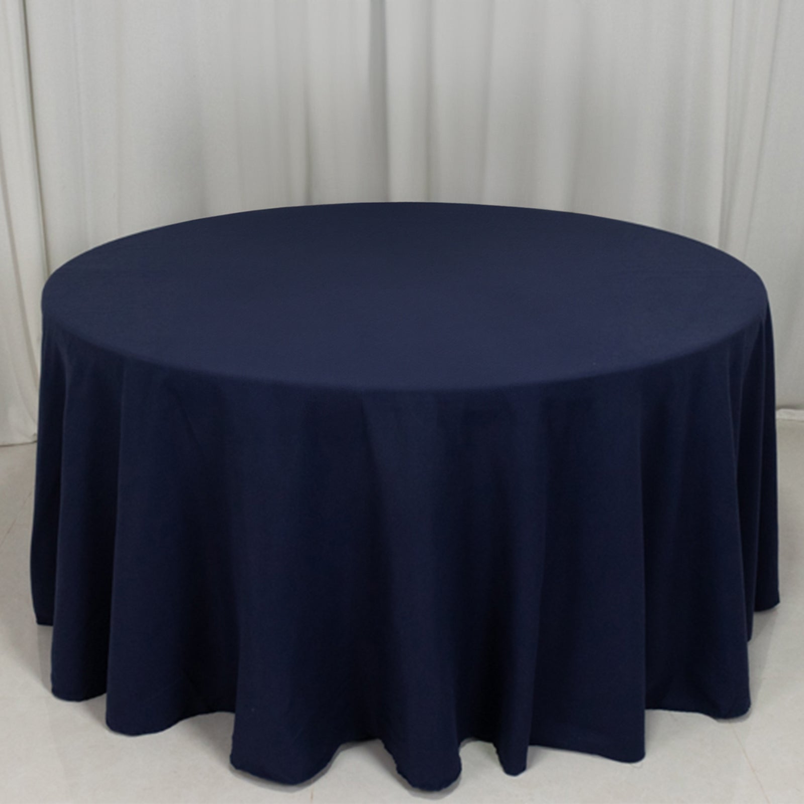 Navy Blue 120" Cotton Blend Seamless Wrinkle-Resistant Round Tablecloth - Ideal for Events!