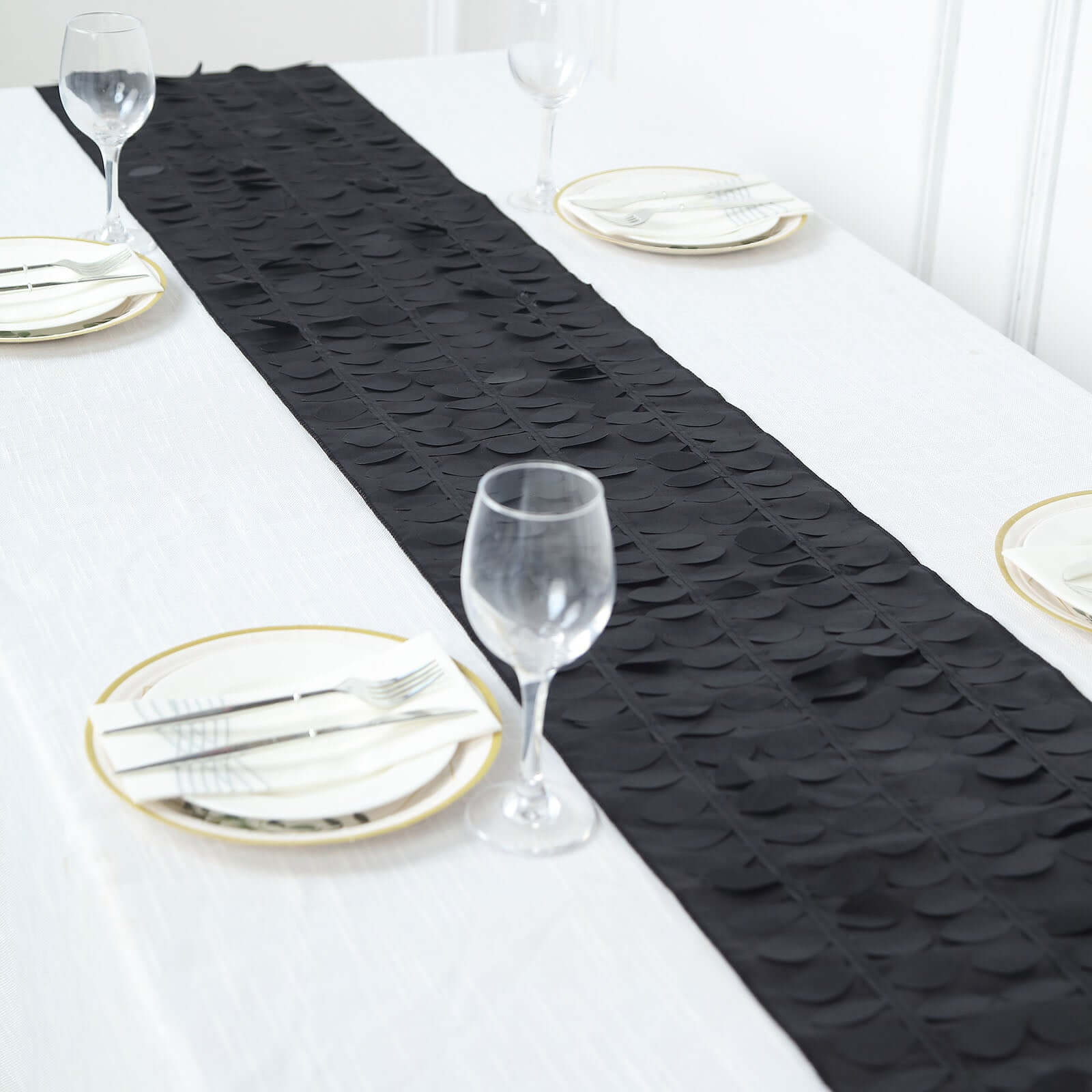 Exclusive Black Taffeta Table Runner with 3D Leaf Petal Design