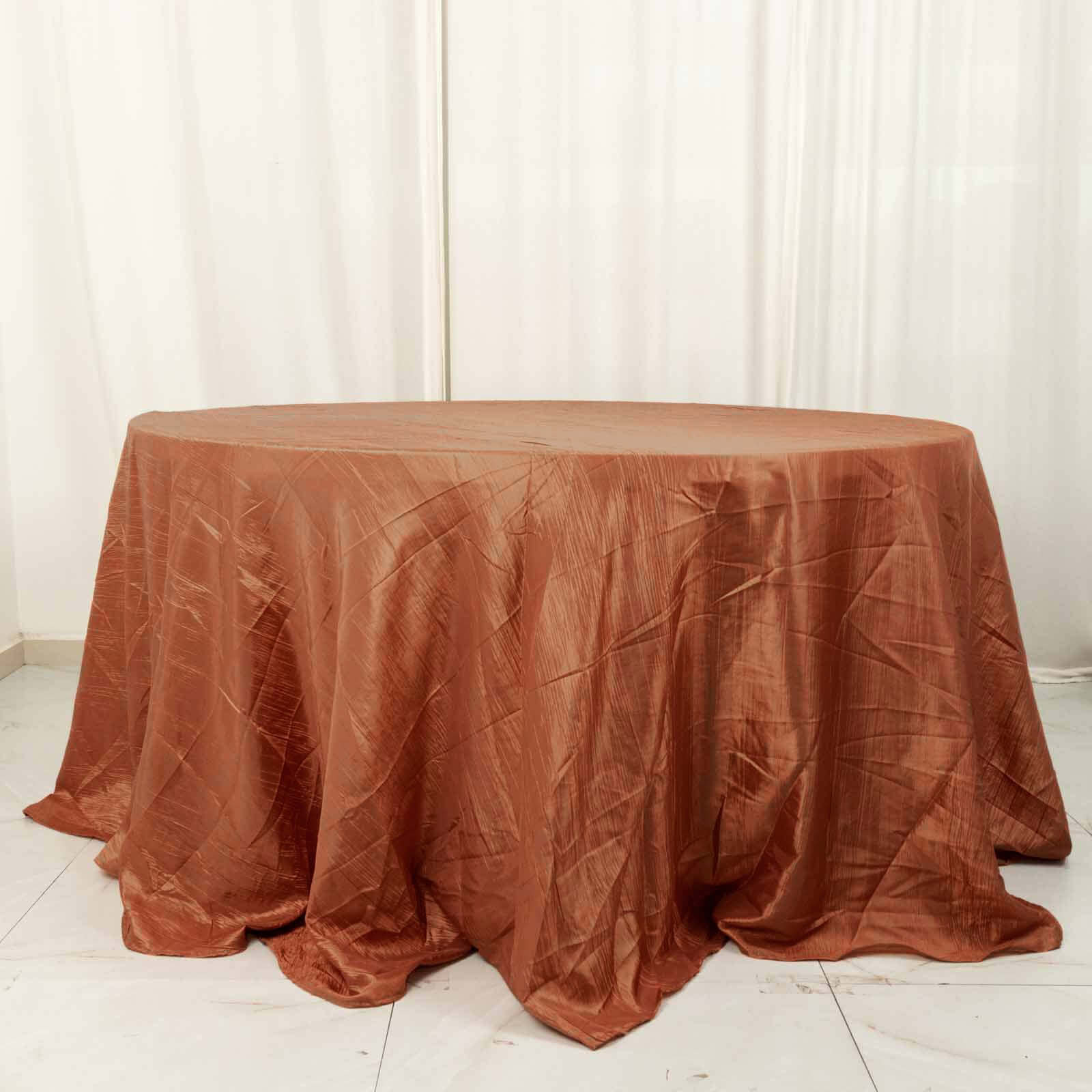 Exclusive Seamless Crinkle Taffeta 132' Round Tablecloth in Terracotta (Rust)