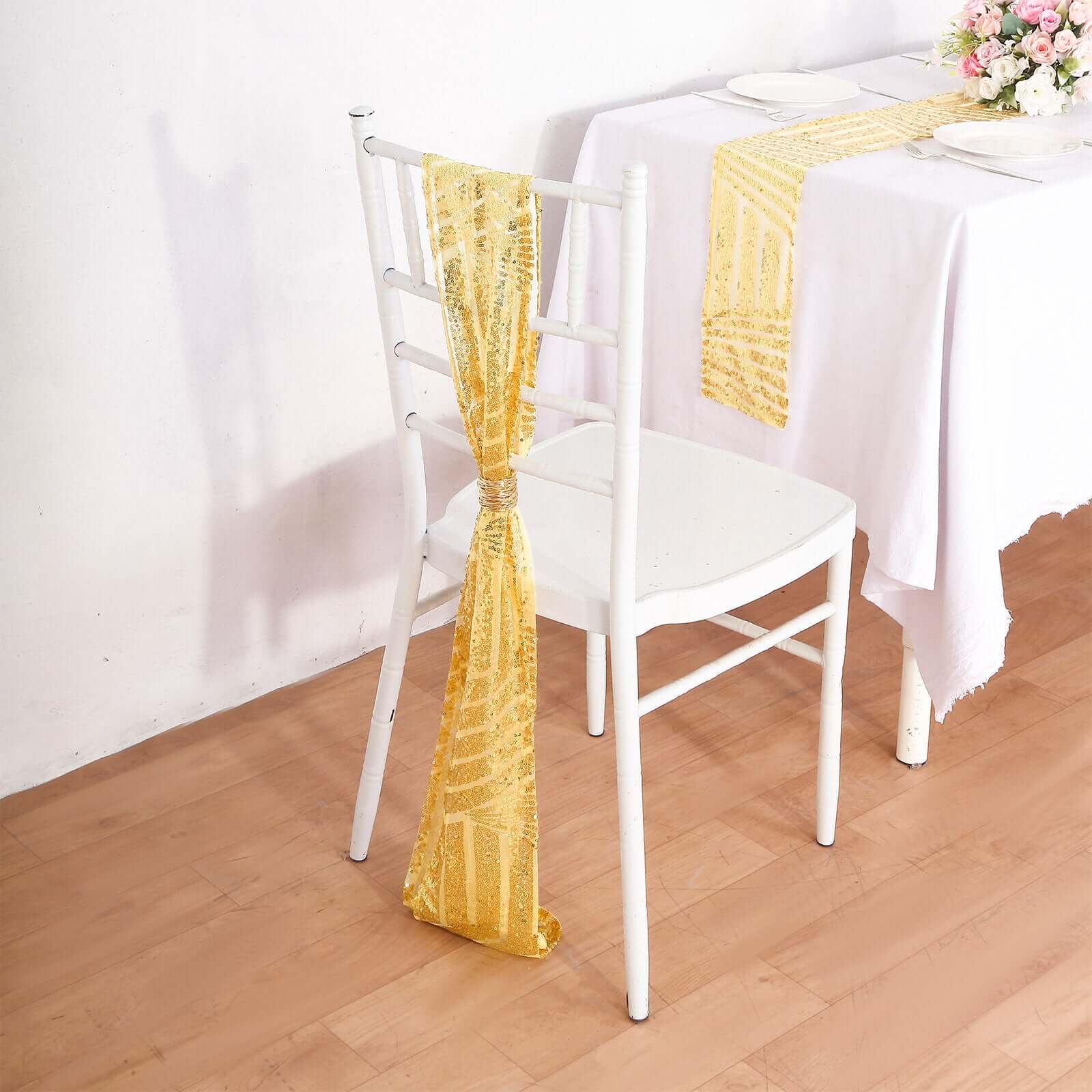 Hot Deal! 5-Pack Gold Glitter Sequin Chair Sashes with Geometric Diamond Design for Weddings